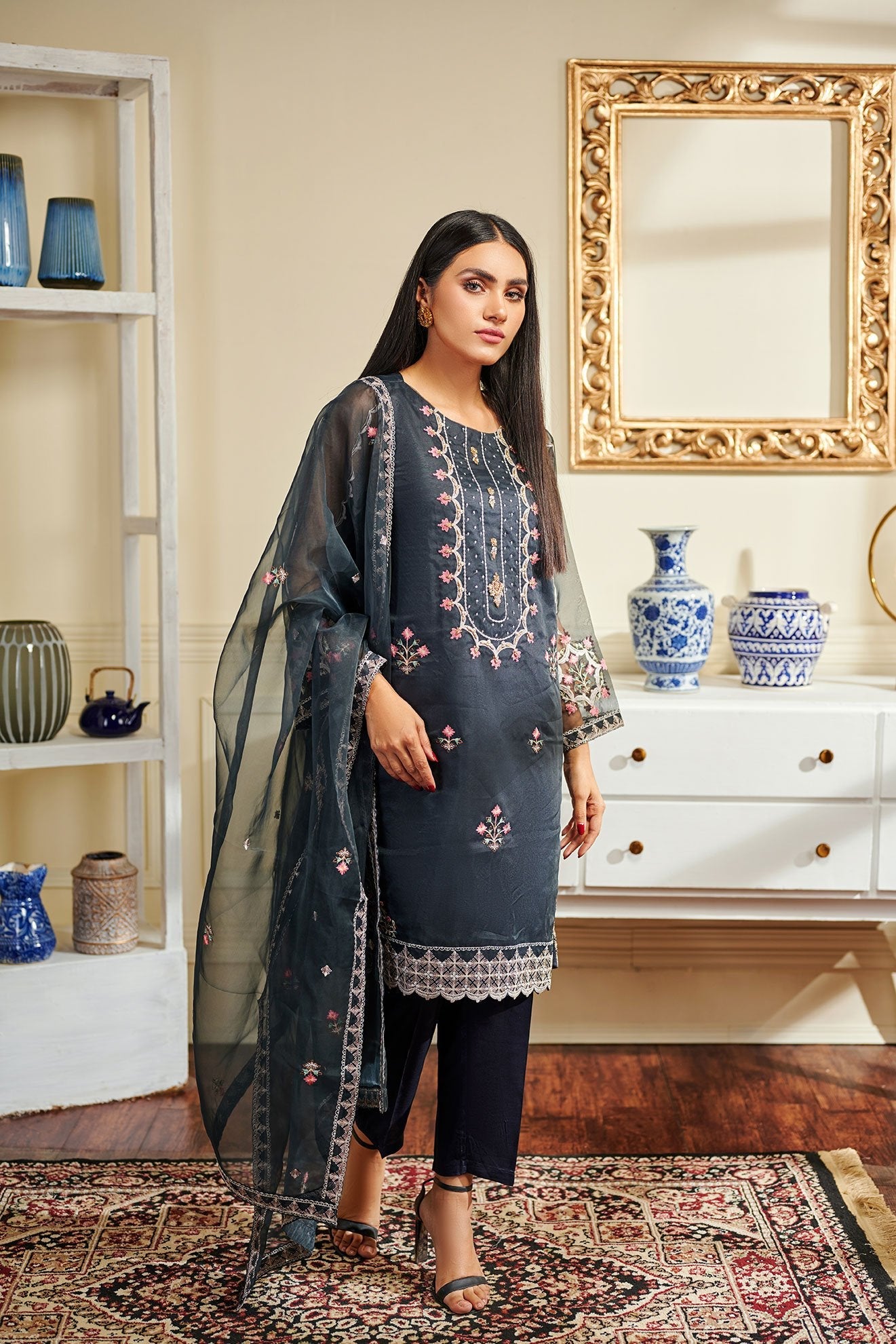 DA-1458 Grey EMBROIDERED KURTA WITH DUPATTA
