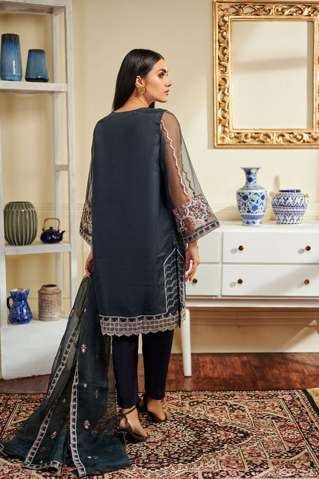 DA-1458 Grey EMBROIDERED KURTA WITH DUPATTA