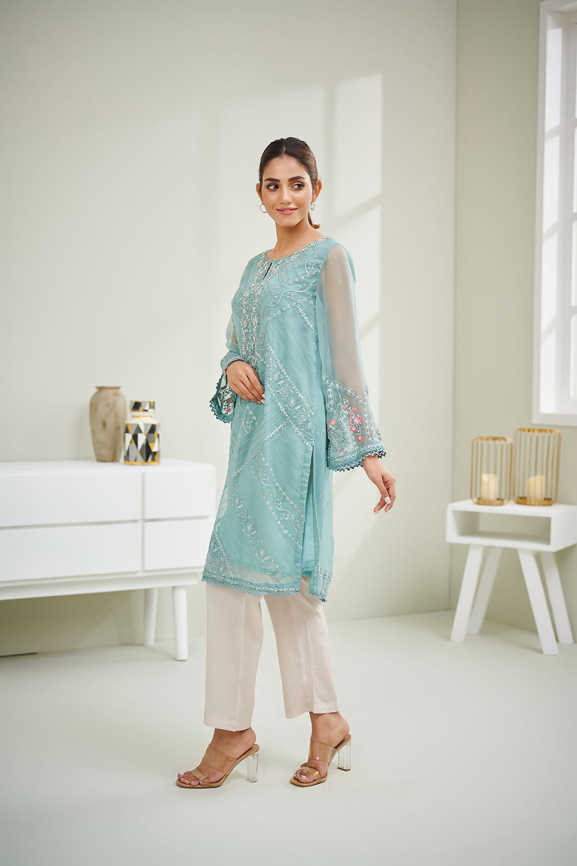 DA-1591 SKY BLUE EMBROIDERED KURTA