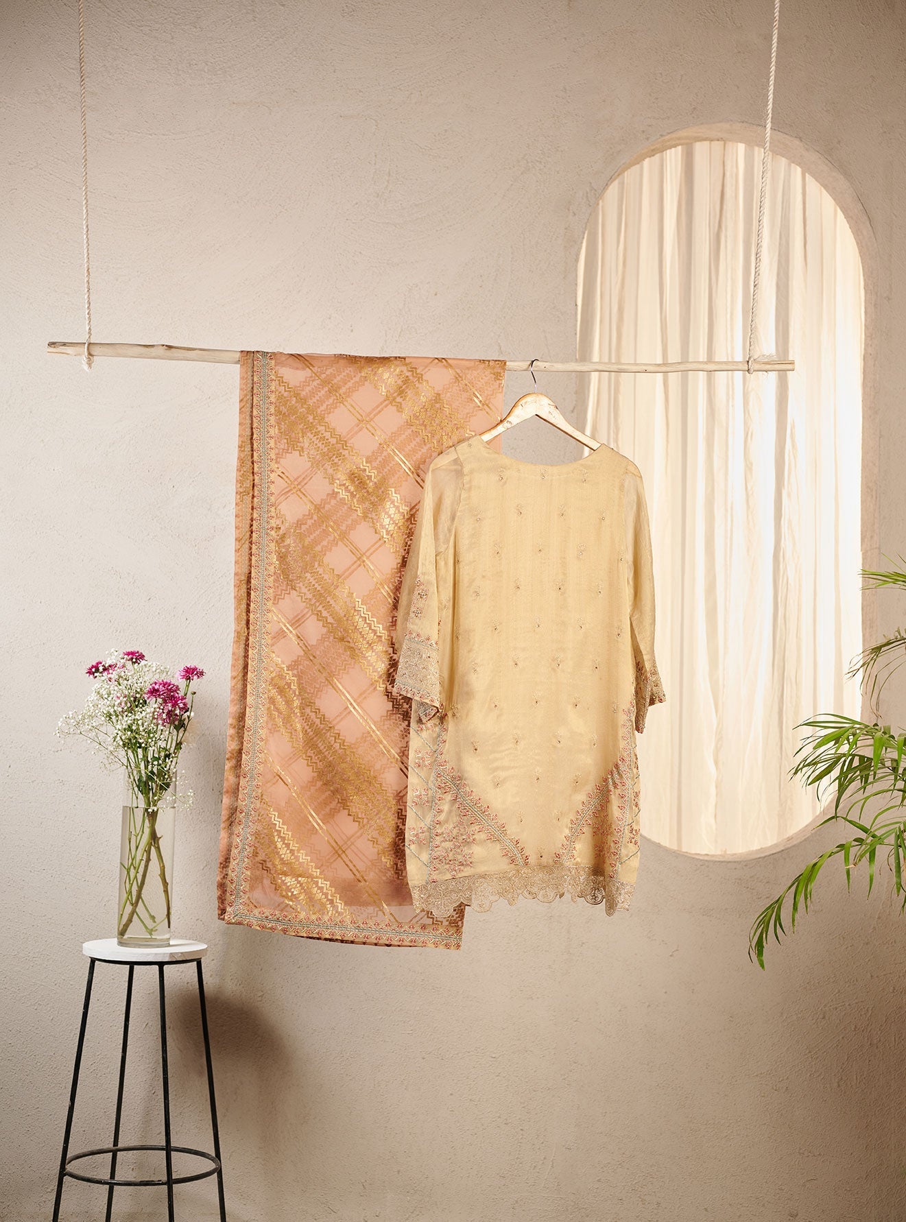 DA-2022 BEIGE EMBROIDERED KURTA WITH DUPATTA