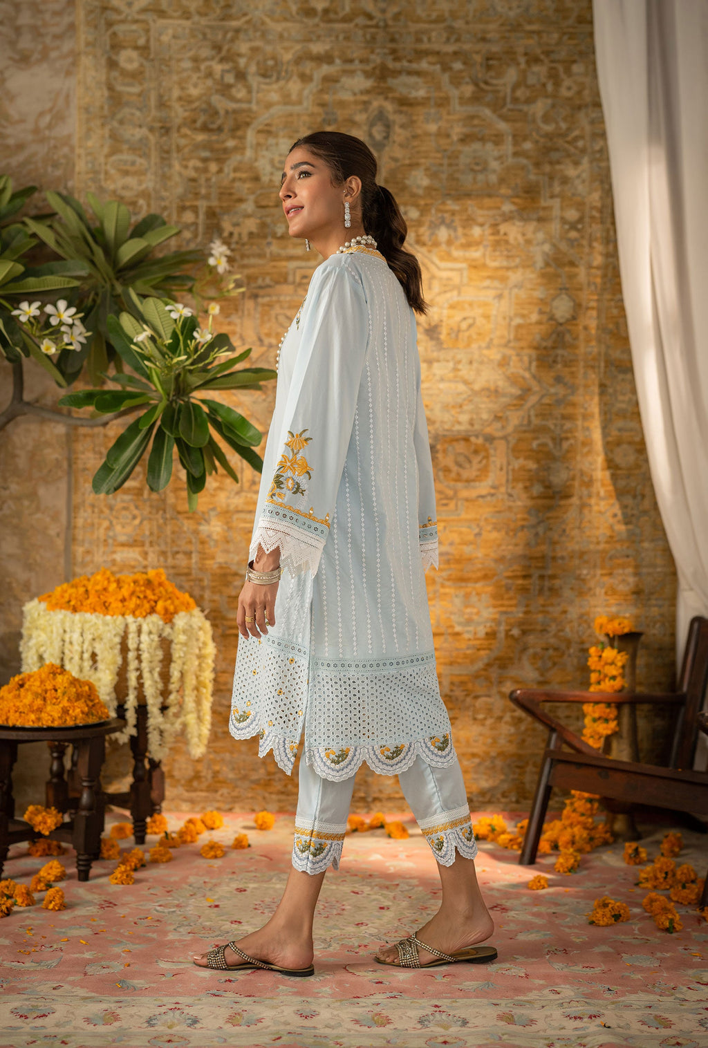 DC-2058 SKY BLUE 2PCS  EMBROIDERED KURTA WITH TROUSER