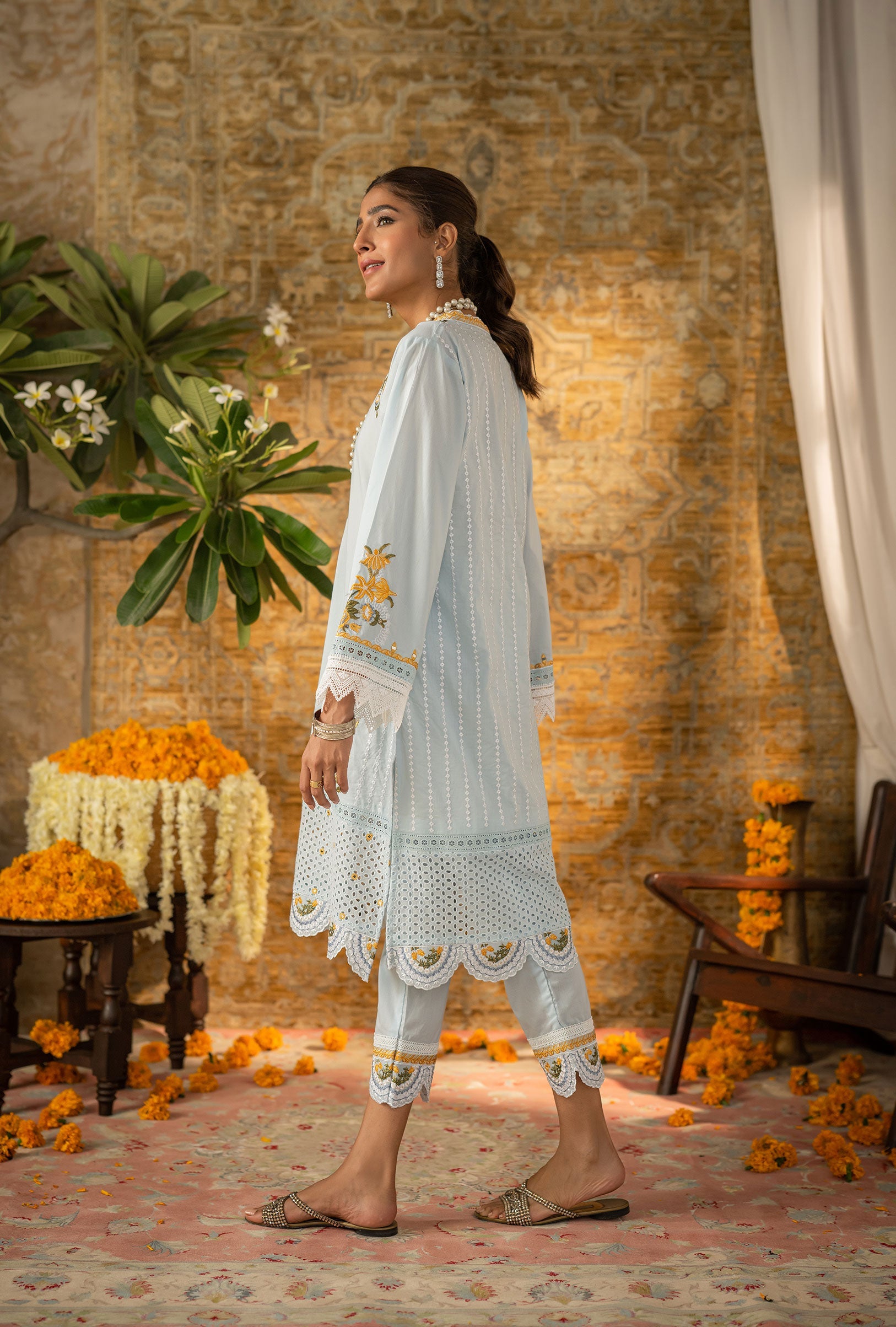 DC-2058 SKY BLUE 2PCS  EMBROIDERED KURTA WITH TROUSER