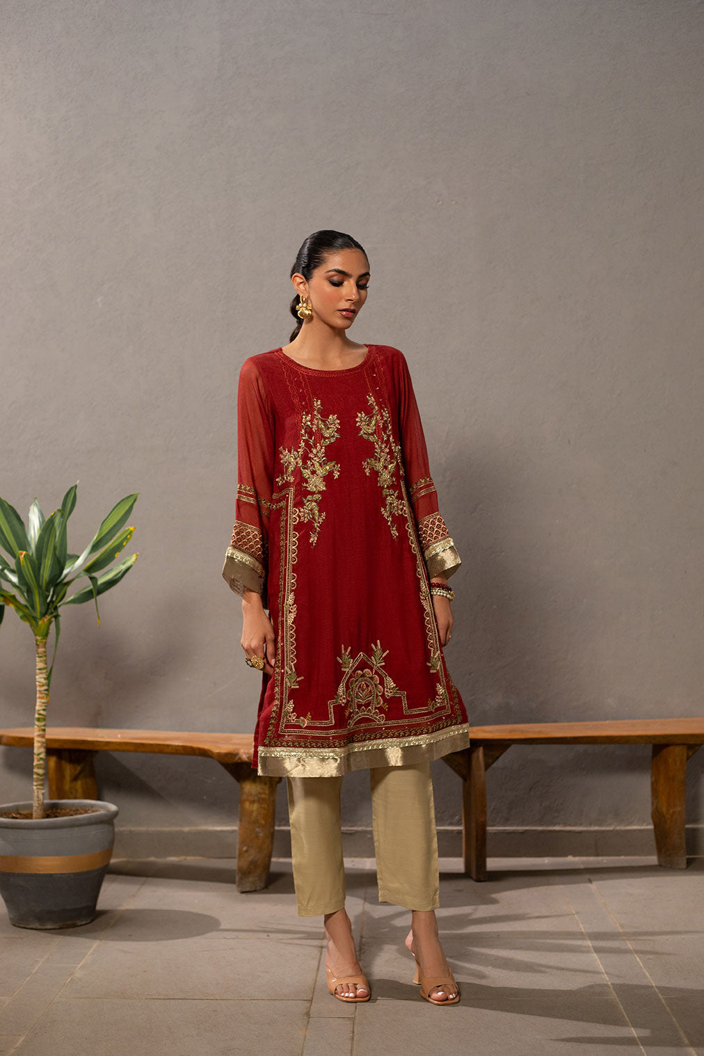 DA-2060 RUST EMBROIDERED KURTA