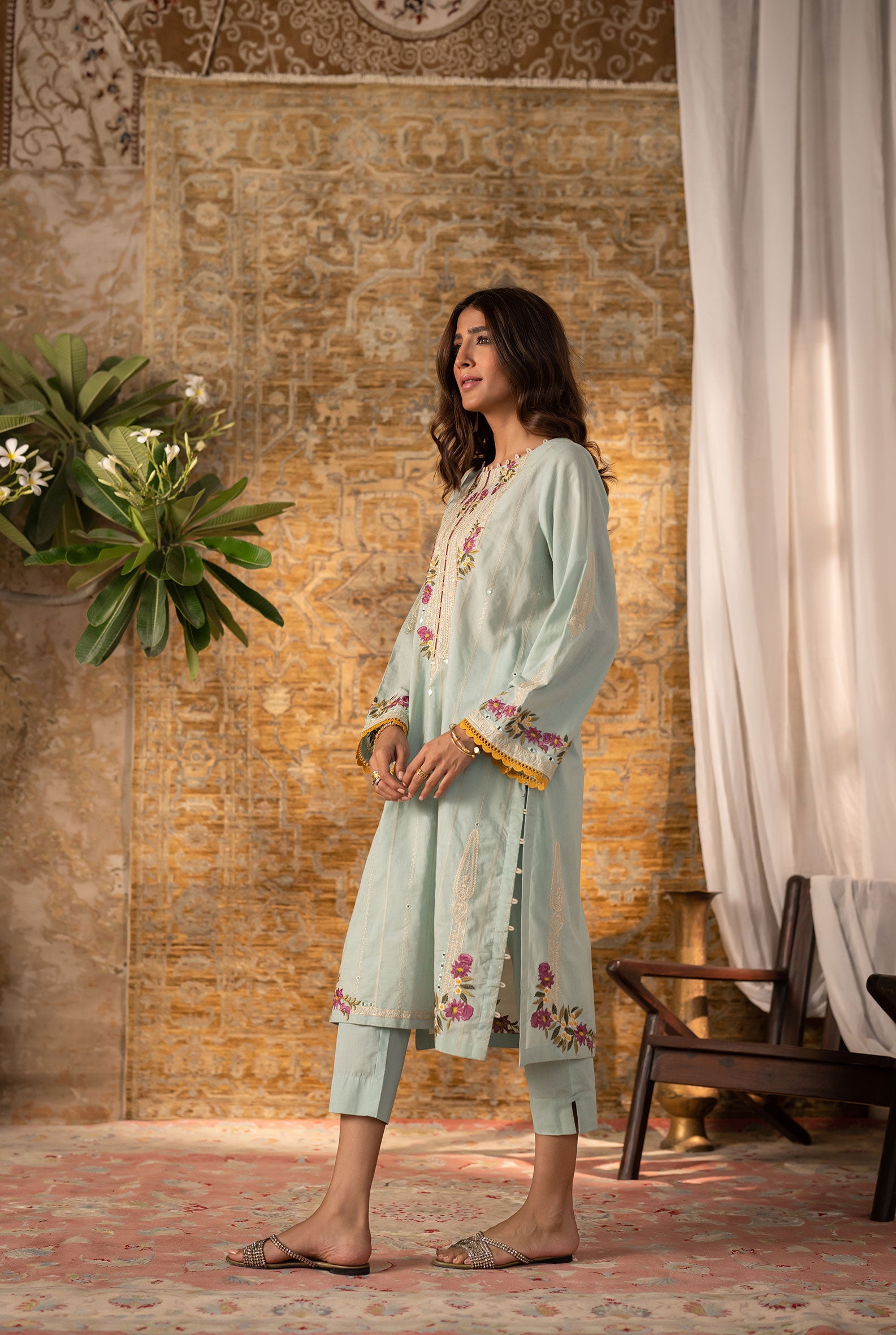 DC-2064 AQUA BLUE 2PCS  EMBROIDERED KURTA WITH TROUSER