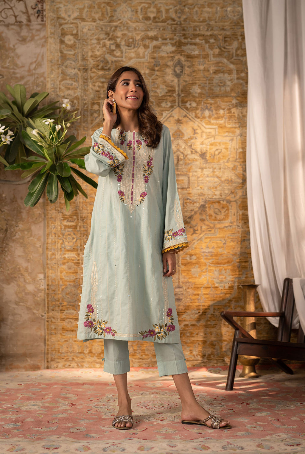 DC-2064 AQUA BLUE 2PCS  EMBROIDERED KURTA WITH TROUSER