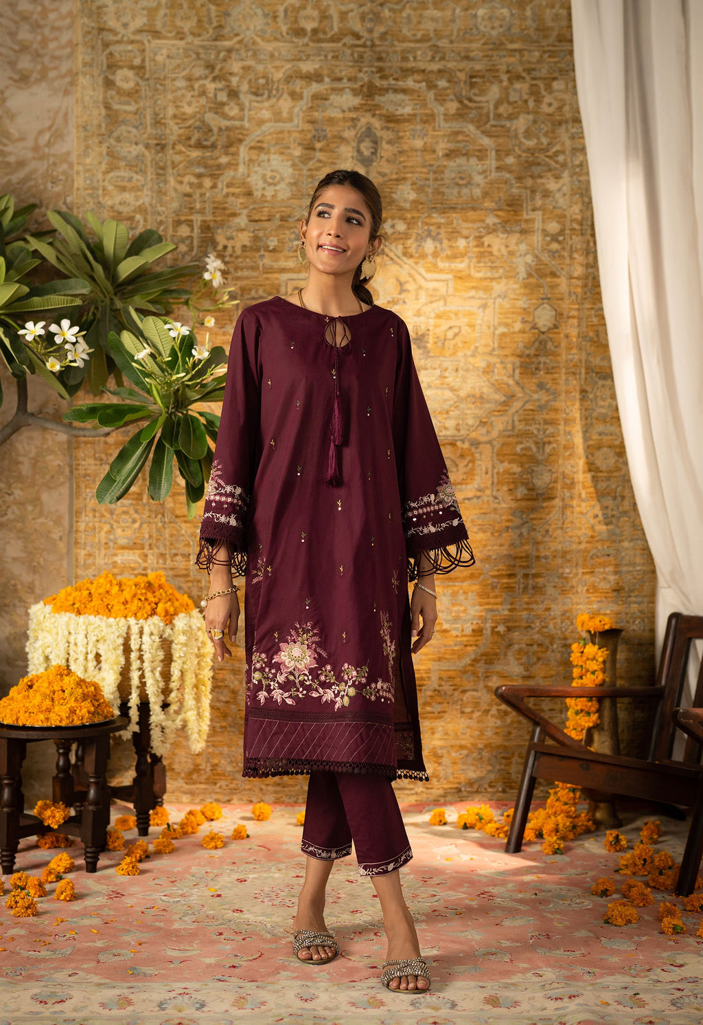 DC-2063 PURPLE 2PCS  EMBROIDERED KURTA WITH TROUSER