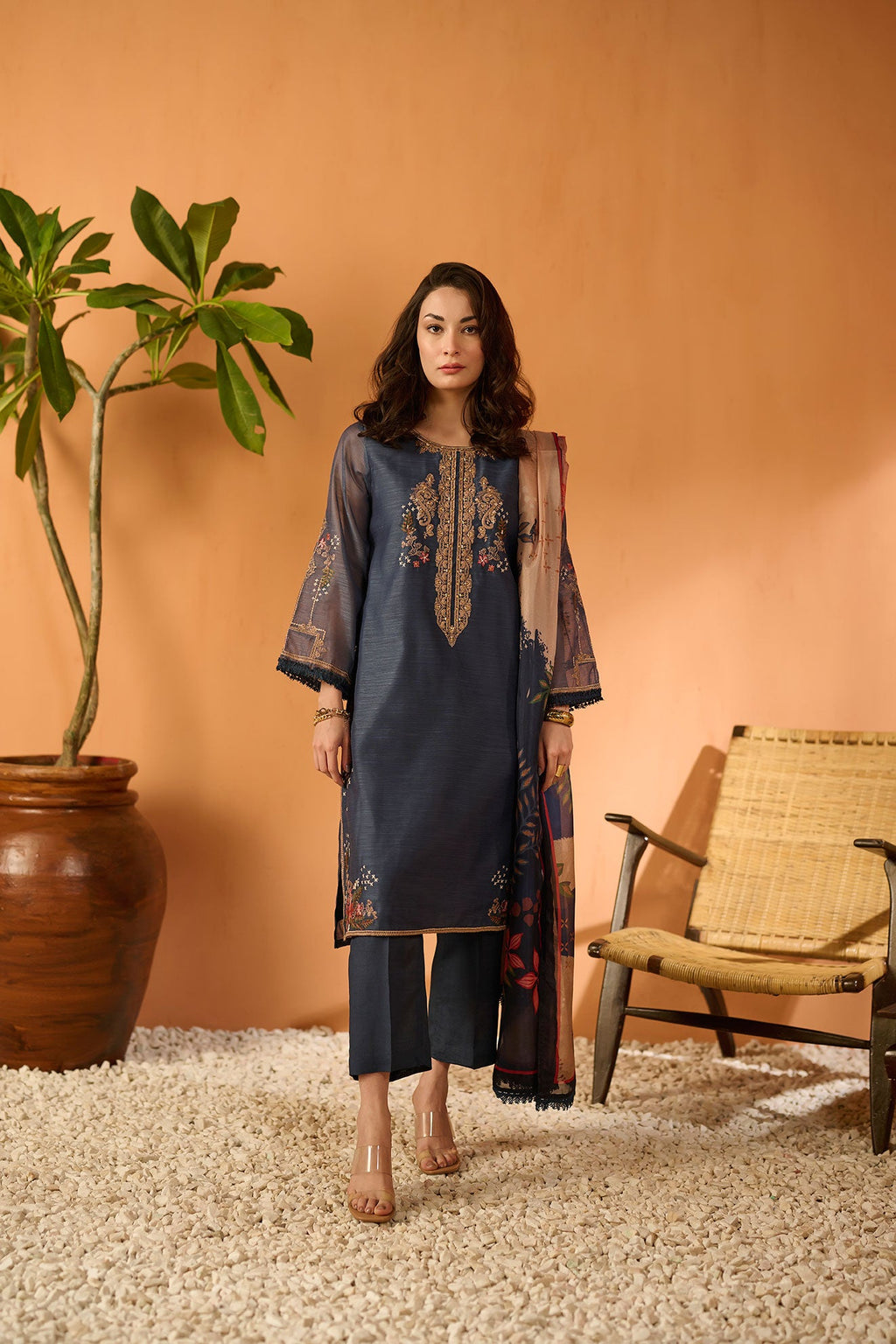 DA-2063 NAVY BLUE EMBROIDERED KURTA WITH DUPATTA
