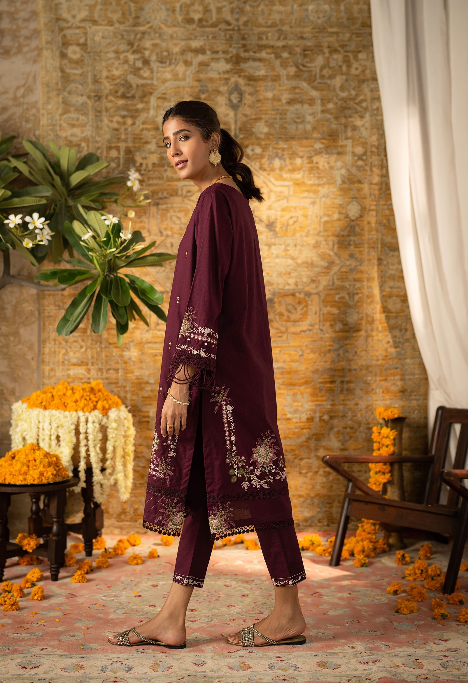 DC-2063 PURPLE 2PCS  EMBROIDERED KURTA WITH TROUSER