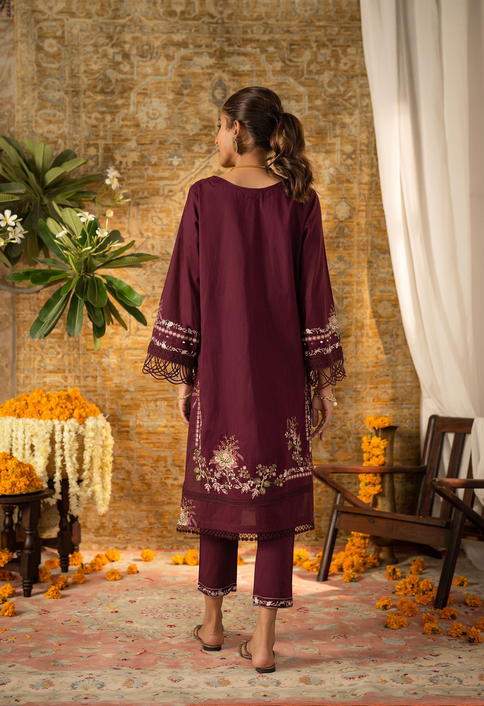 DC-2063 PURPLE 2PCS  EMBROIDERED KURTA WITH TROUSER