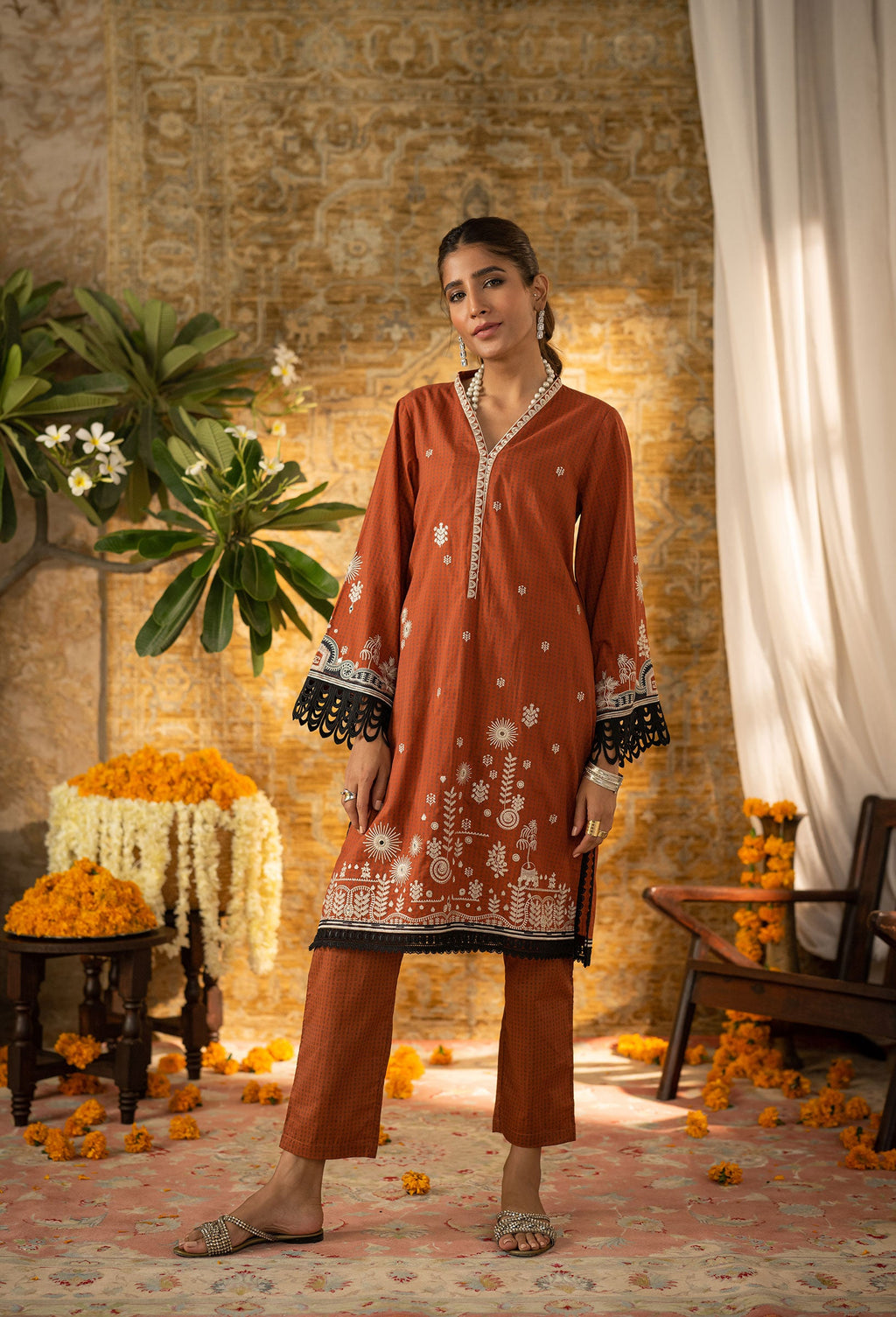 DC-2066 RUST 2PCS  EMBROIDERED KURTA WITH TROUSER
