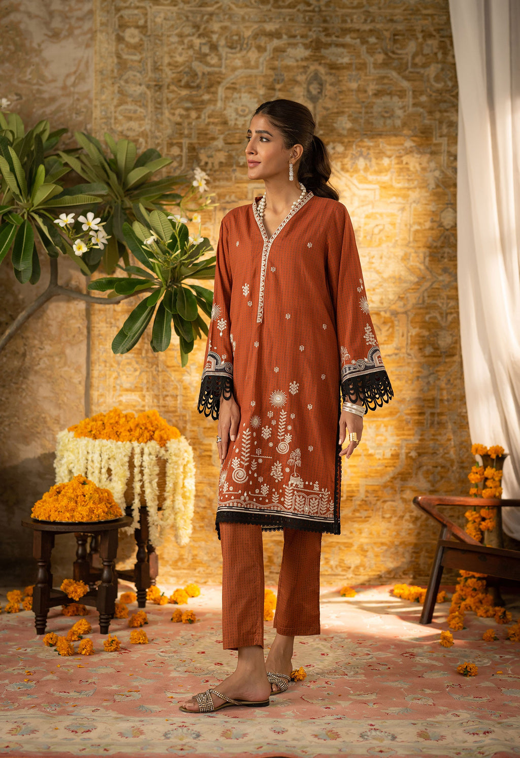 DC-2066 RUST 2PCS  EMBROIDERED KURTA WITH TROUSER