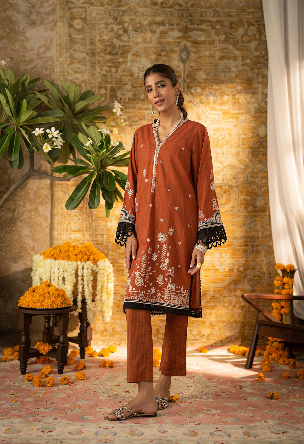 DC-2066 RUST 2PCS  EMBROIDERED KURTA WITH TROUSER
