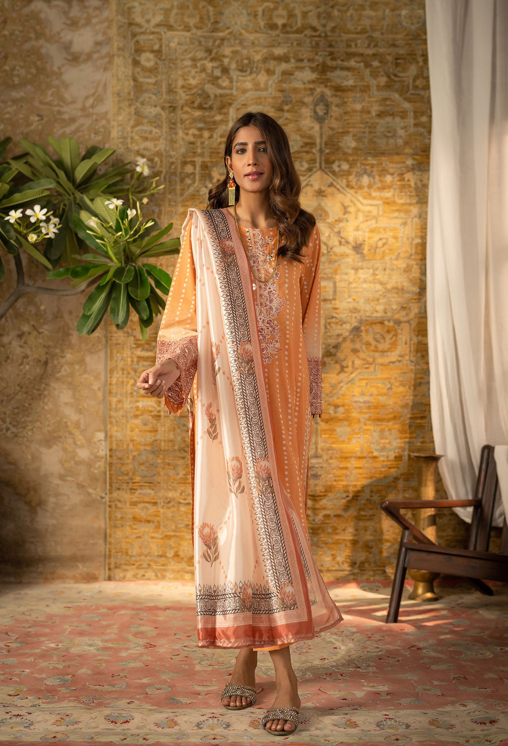 DC-2068 ORANGE 2PCS EMBROIDERED KURTA WITH DUPATTA
