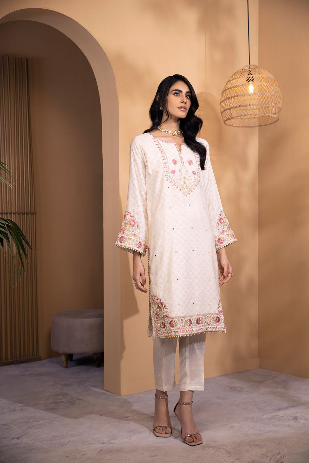 DA-2080 OFF WHITE 2PCS  EMBROIDERED KURTA WITH DUPATTA