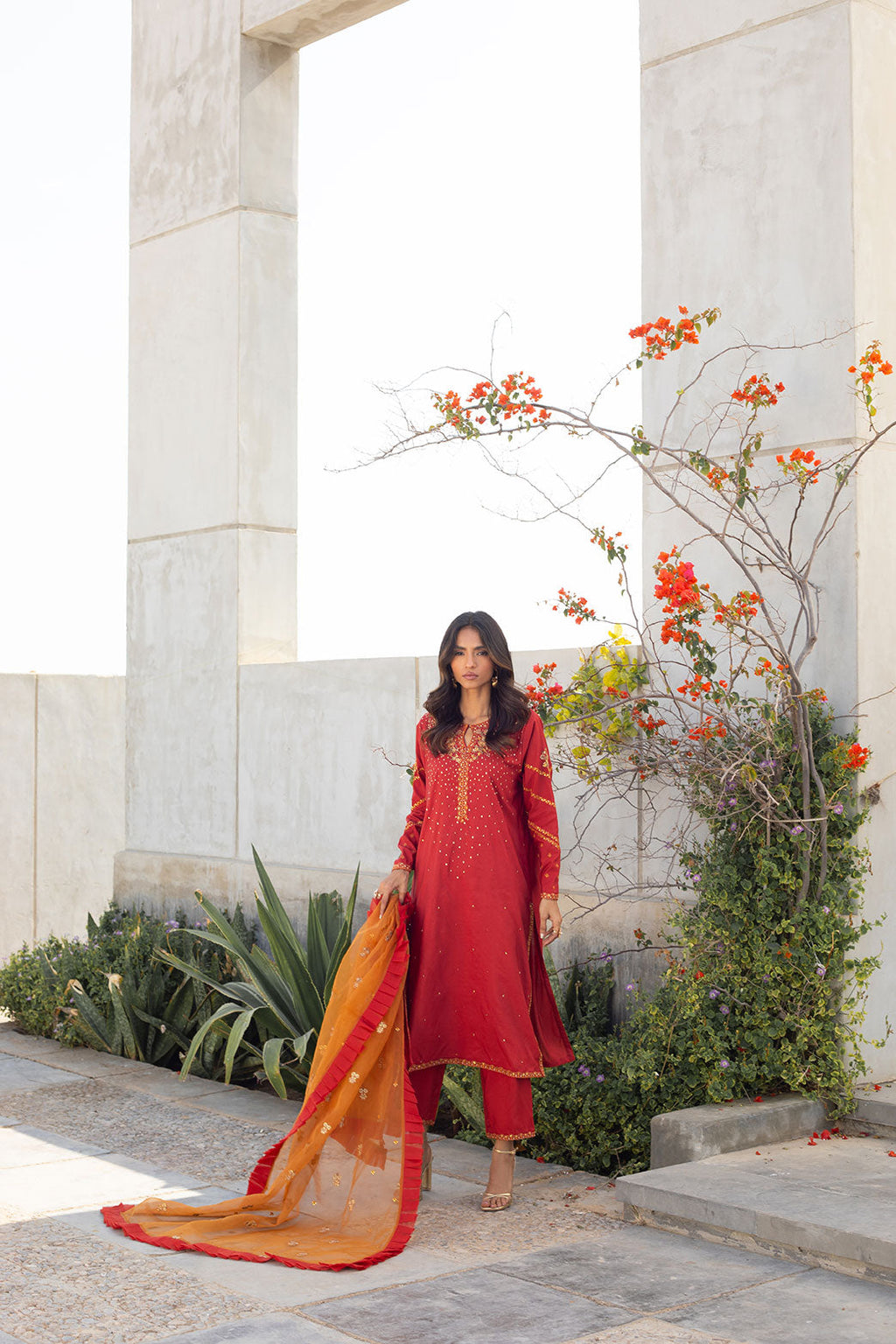 SS24DA-2285 RUST EMBROIDERED KURTA WITH TROUSER
