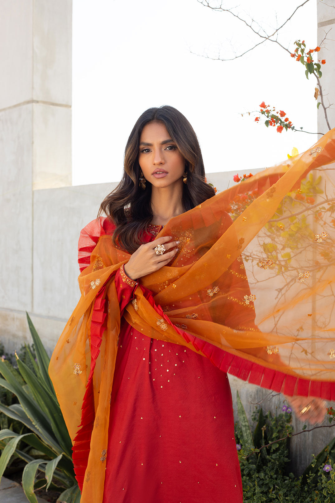 SS24DA-2285 RUST EMBROIDERED KURTA WITH TROUSER
