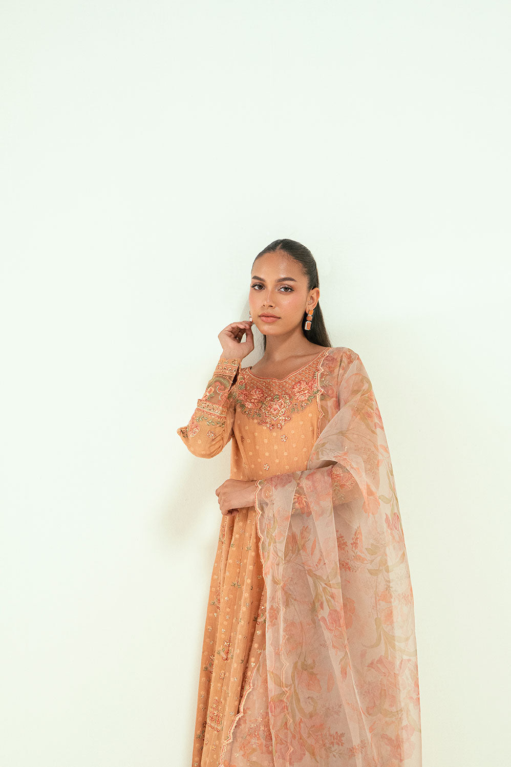 SS24DD-2694 PEACH EMBROIDERED DUPATTA