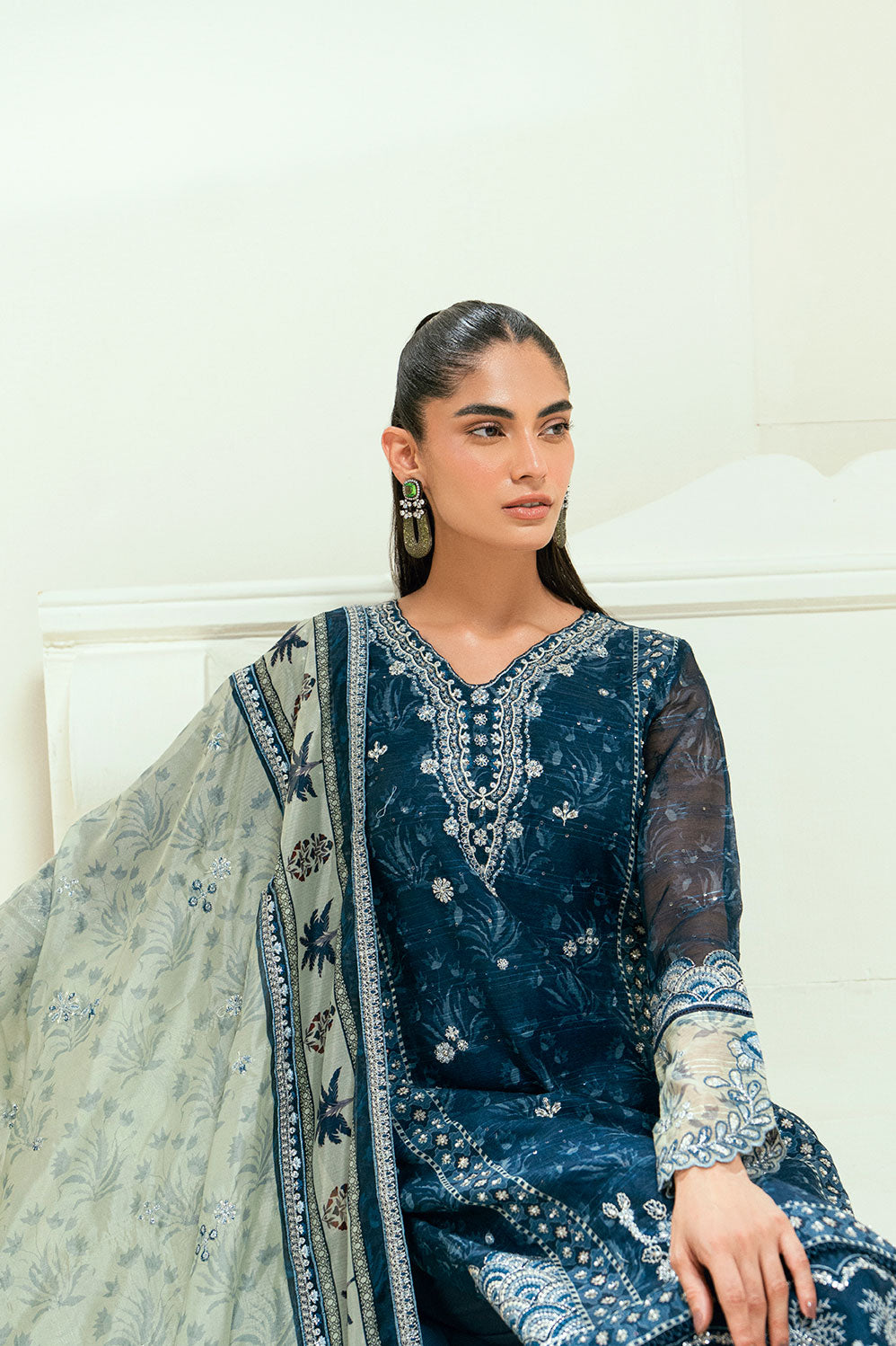 SS25DA-2695   NAVY BLUE  2PCS  EMBROIDERED KURTA WITH TROUSER
