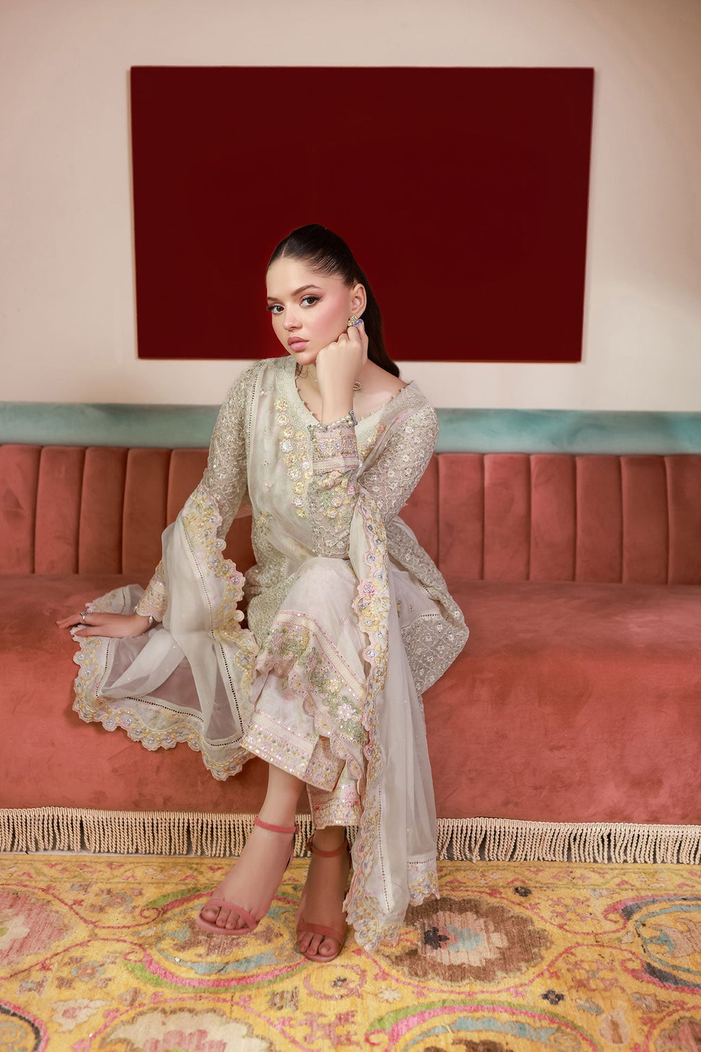 SS25DA-2711 OFF WHITE 2PCS EMBROIDERED KURTA WITH TROUSER