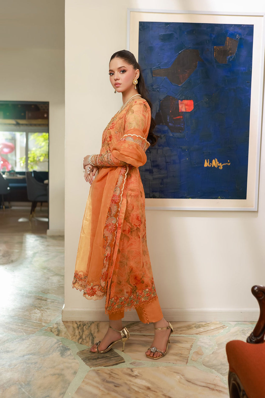 SS25DA-2716 ORANGE 2PCS EMBROIDERED KURTA WITH TROUSER