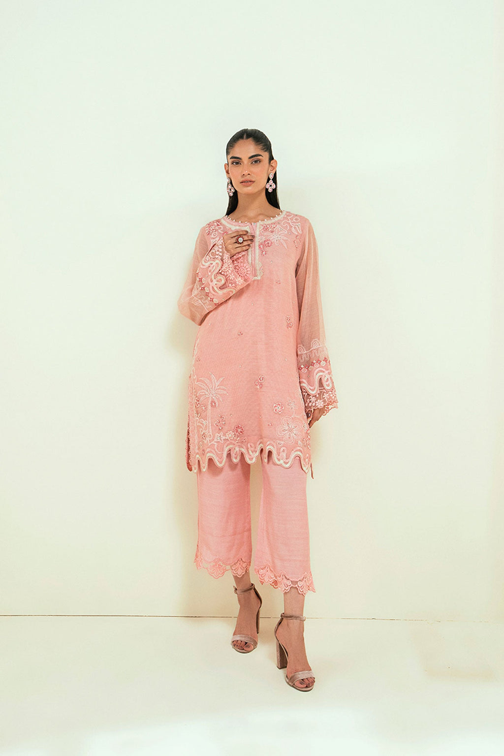 SS25DA-2737 PINK  2PCS EMBROIDERED KURTA WITH TROUSER