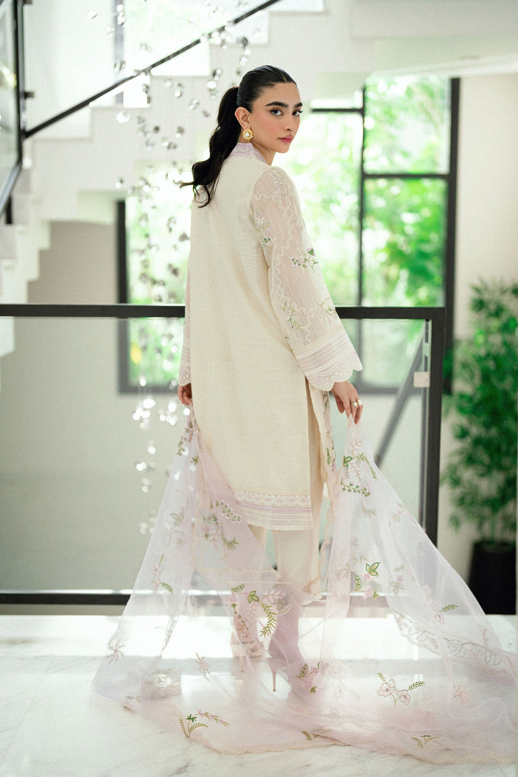 SS25DA-2761 CREAM  2PCS EMBROIDERED KURTA WITH TROUSER