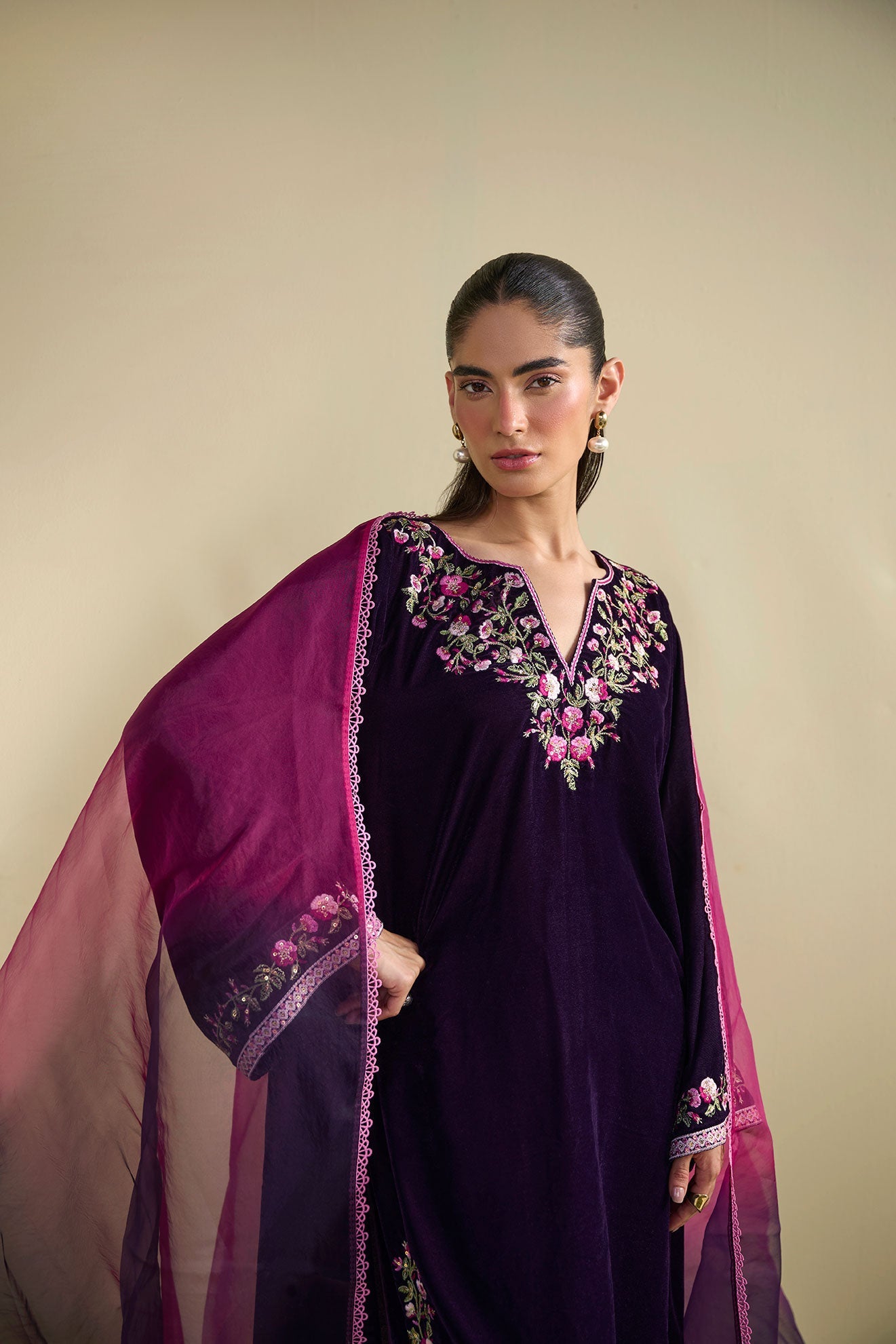 FW25DA-2811   PURPLE  2PCS  EMBROIDERED KURTA WITH TROUSER