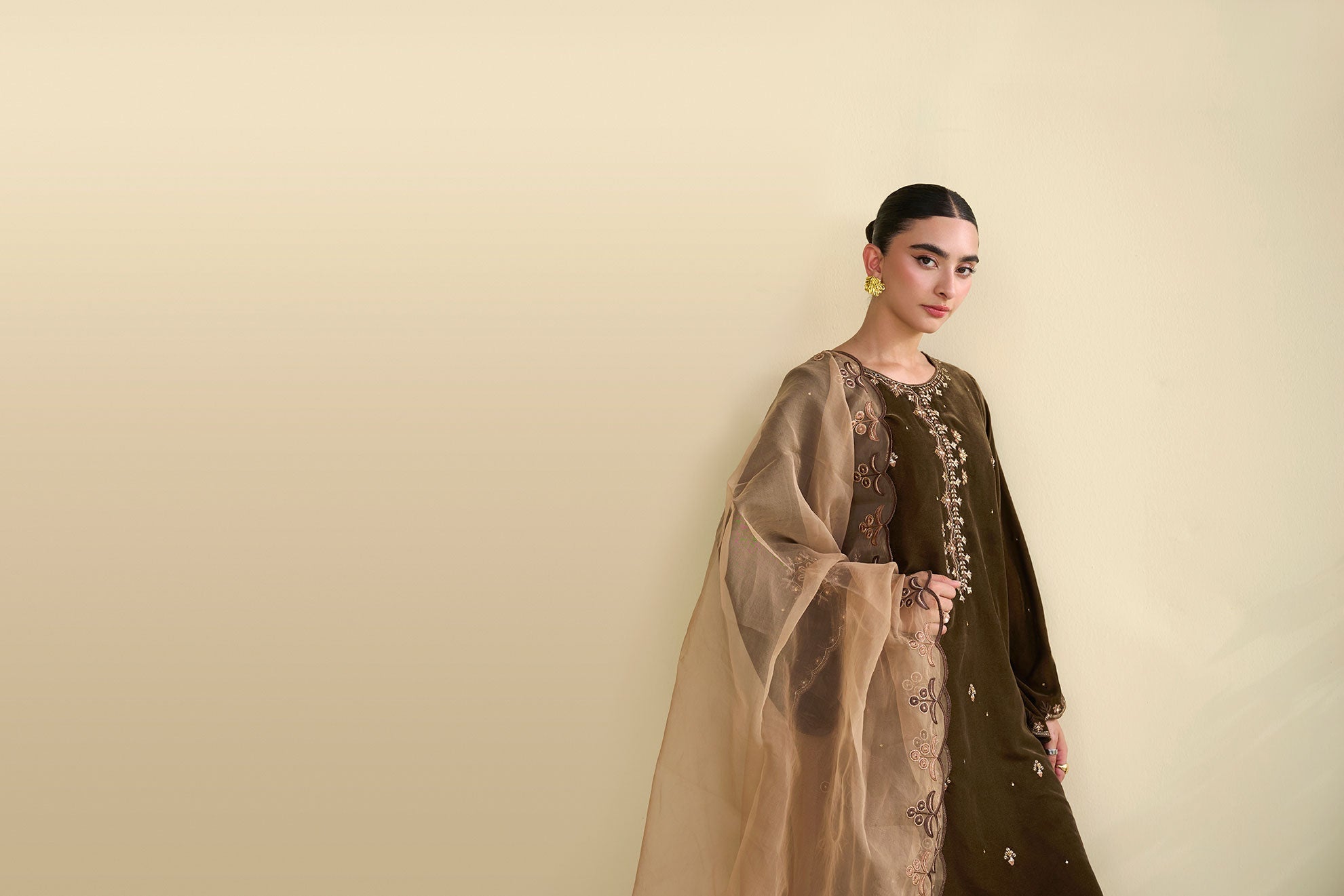 FW25DD-2821  BROWN EMBROIDERED DUPATTA