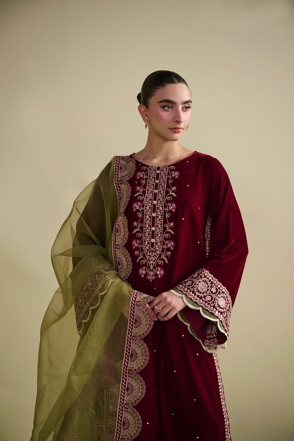FW25DD-2824  OLIVE GREEN  EMBROIDERED  DUPATTA