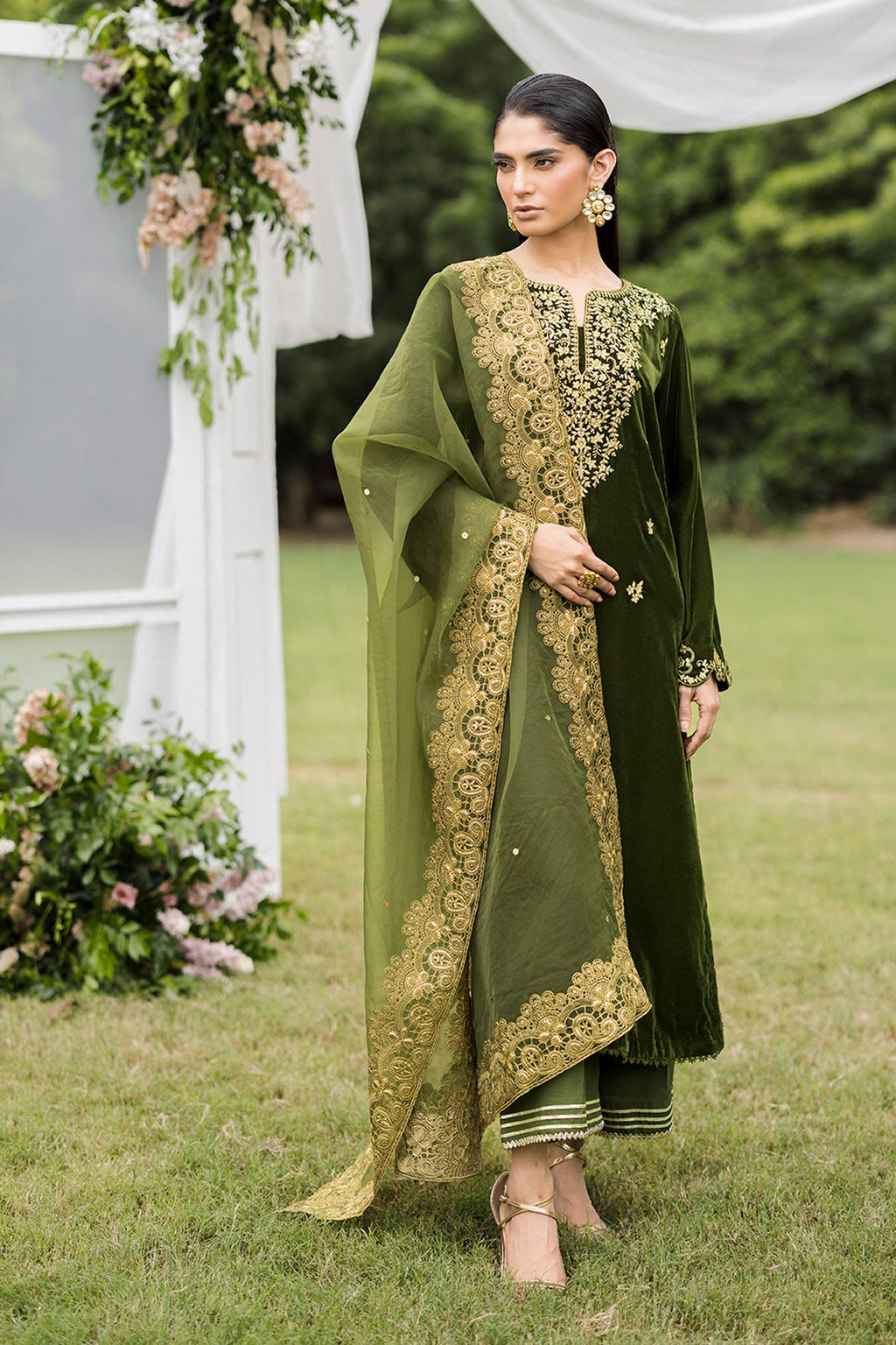 FW25DD-2831  OLIVE GREEN  EMBROIDERED  DUPATTA