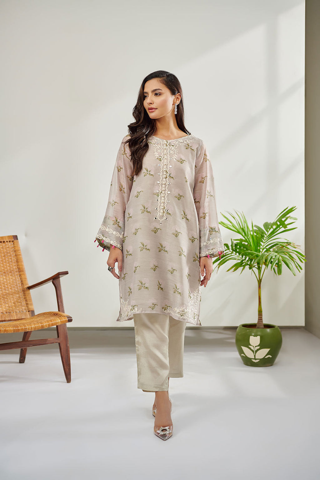 DC-0390 BEIGE 2PCS  EMBROIDERED KURTA WITH TROUSER