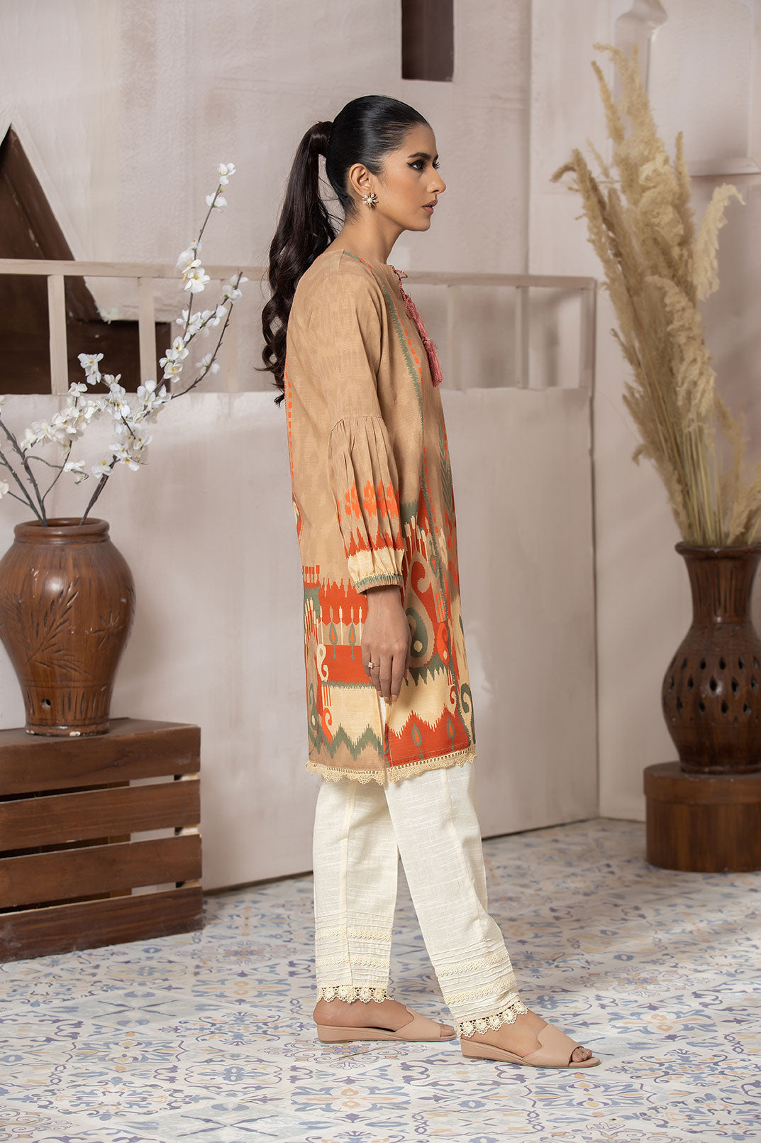 DC-0396 LIGHT BROWN DIGITAL PRINTED KURTA