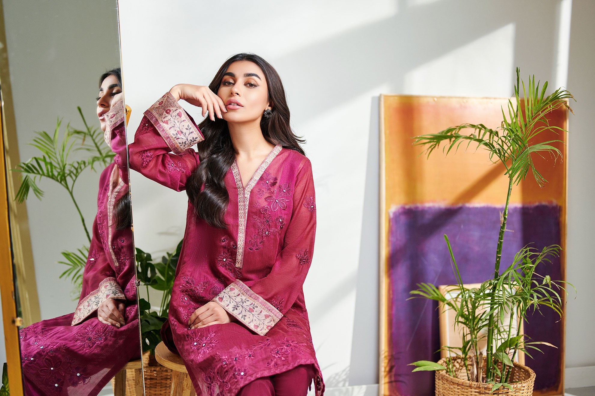DC-2007 PLUM 2PCS  EMBROIDERED KURTA WITH TROUSER