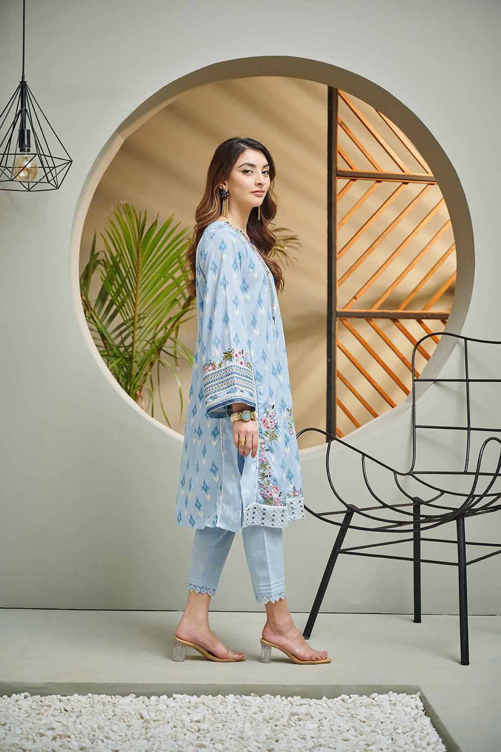 DC-2042 SKY BLUE 2PCS  EMBROIDERED KURTA WITH TROUSER