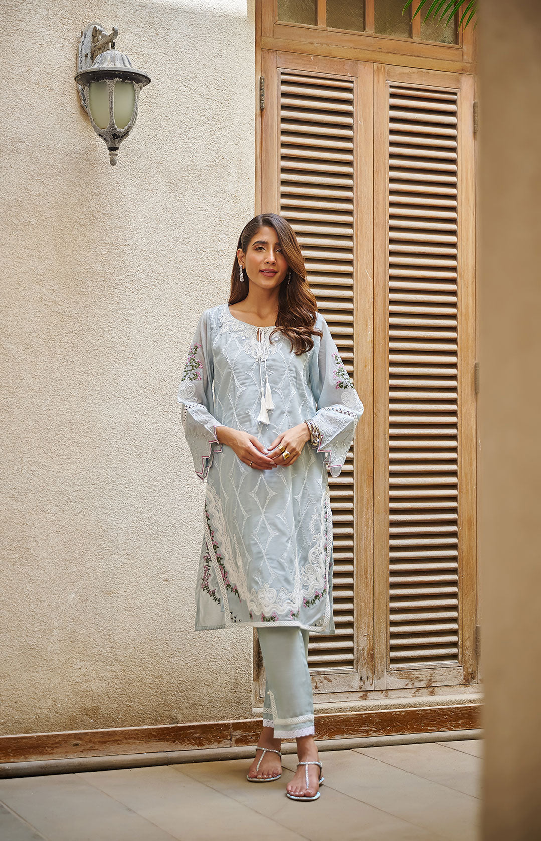 DC-2045 WATER BLUE 2PCS  EMBROIDERED KURTA WITH TROUSER