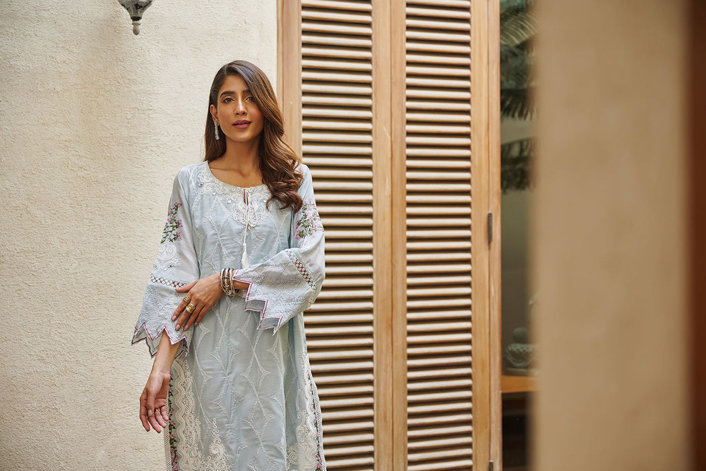 DC-2045 WATER BLUE 2PCS  EMBROIDERED KURTA WITH TROUSER