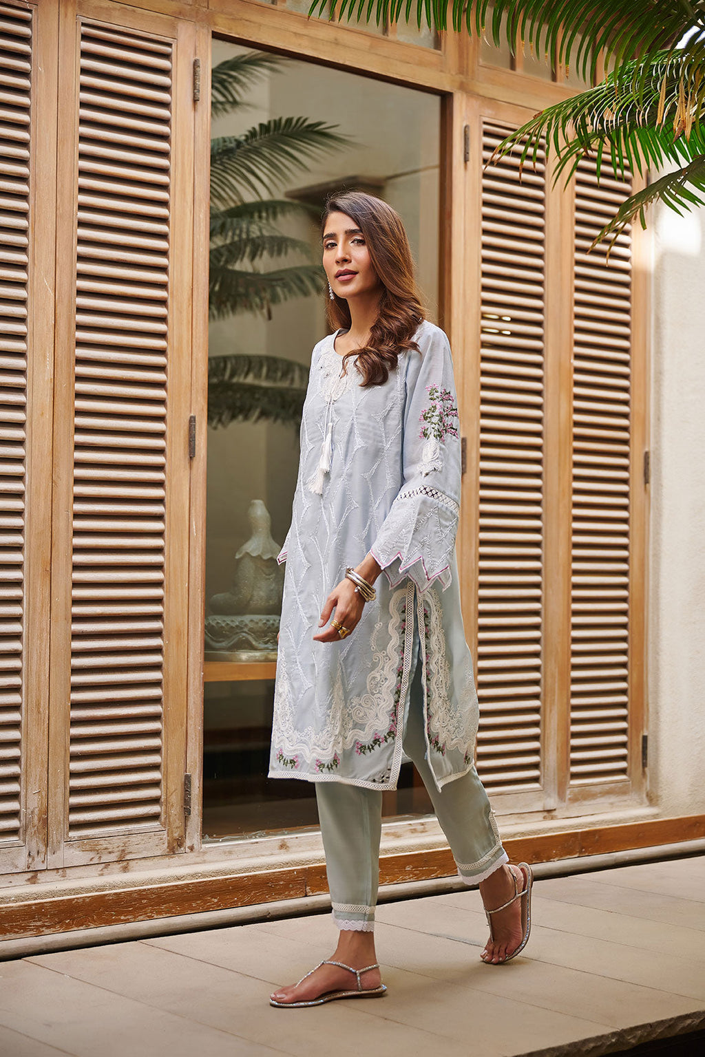 DC-2045 WATER BLUE 2PCS  EMBROIDERED KURTA WITH TROUSER