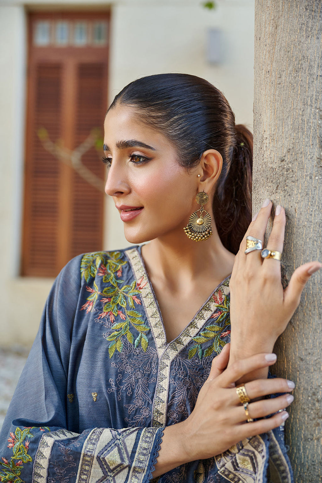 DC-2051 DARK GREY 2PCS  EMBROIDERED KURTA WITH TROUSER