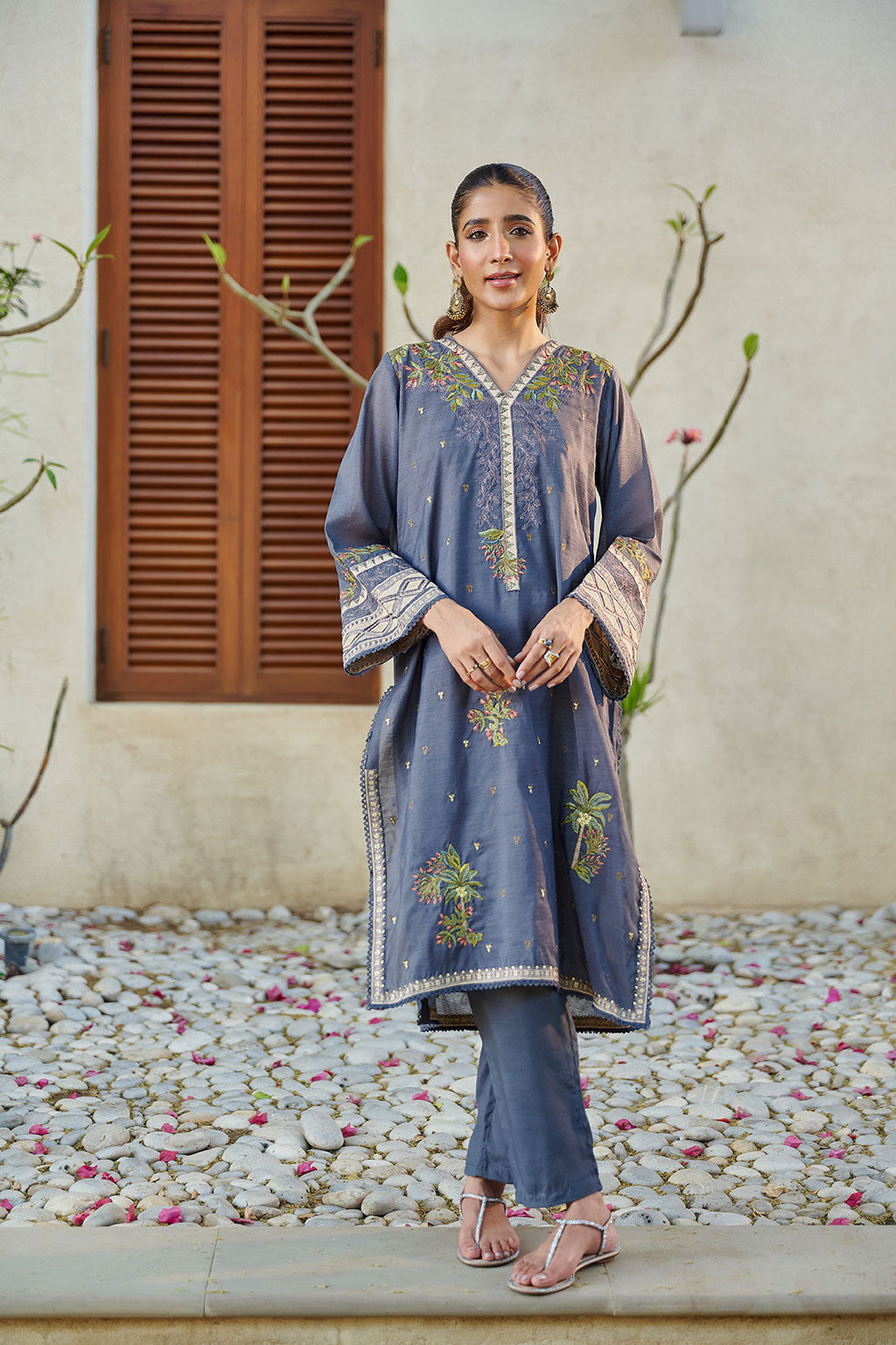 DC-2051 DARK GREY 2PCS  EMBROIDERED KURTA WITH TROUSER