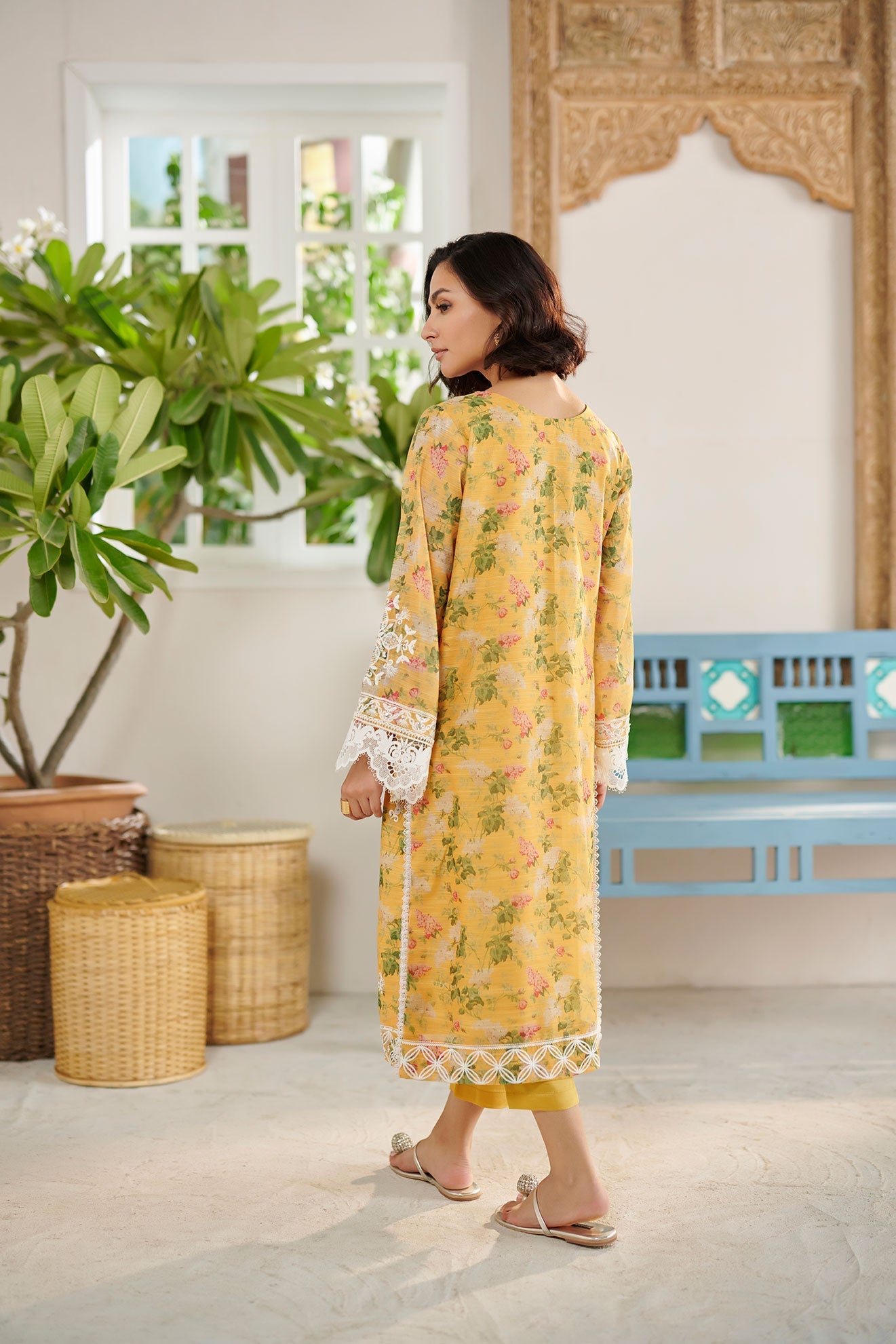 DC-2091 YELLOW 2PCS MUNAR  EMBROIDERED KURTA WITH TROUSER