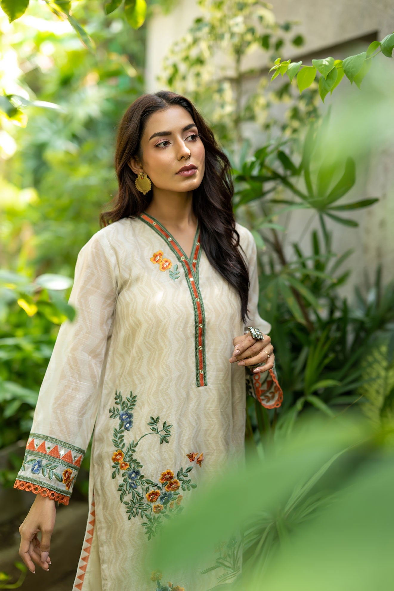 DC-2099 BEIGE 2PCS  EMBROIDERED KURTA WITH TROUSER