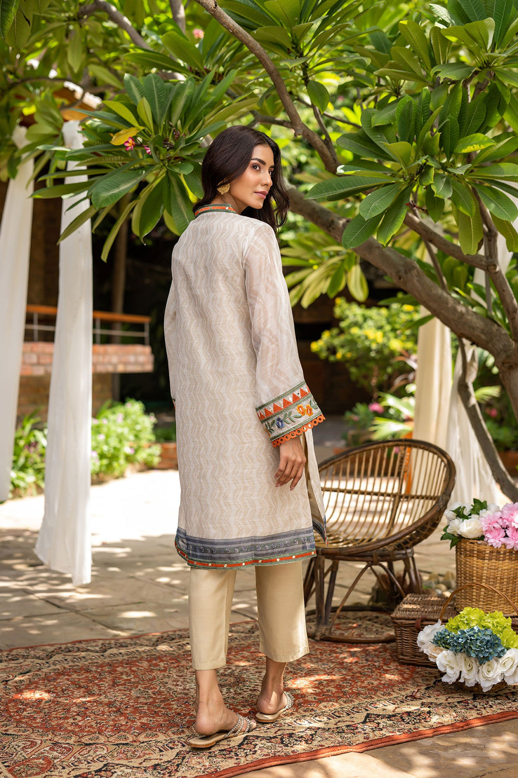 DC-2099 BEIGE 2PCS  EMBROIDERED KURTA WITH TROUSER