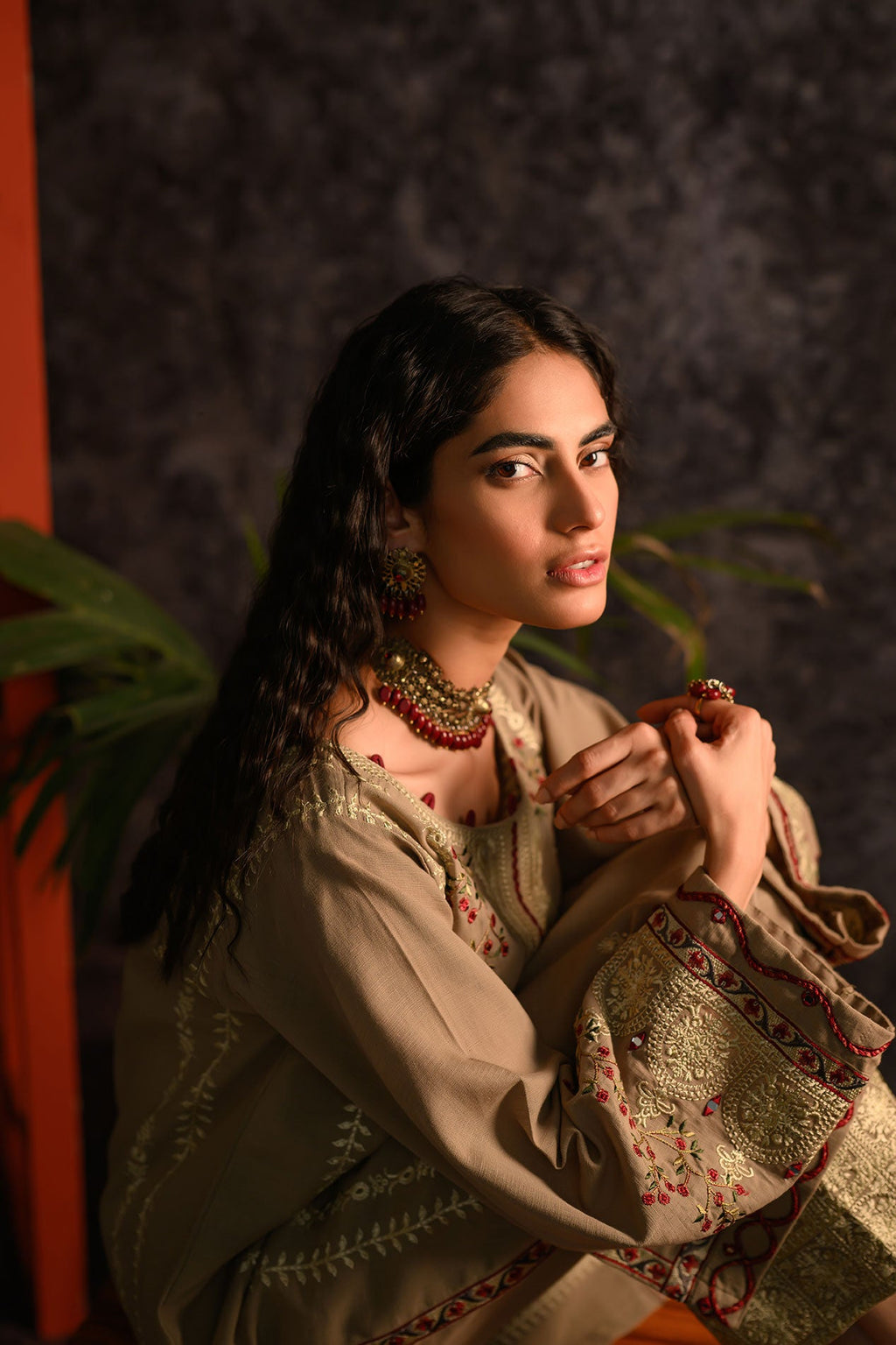 DC-2107 BEIGE KHADDAR 2PCS EMBROIDERED KURTA WITH TROUSER