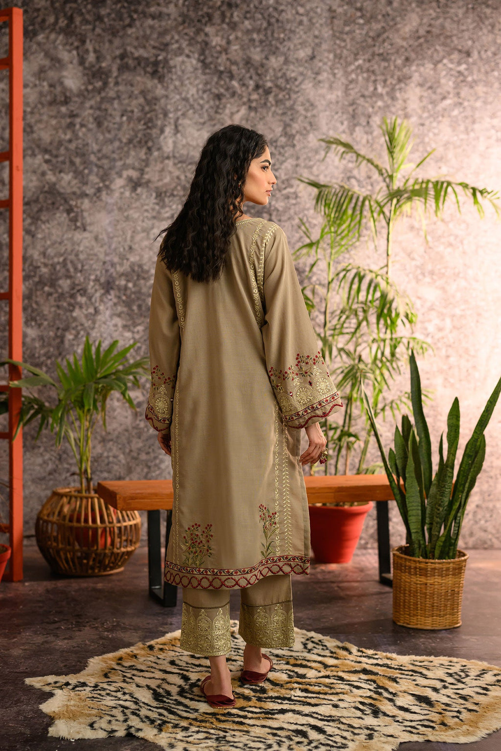 DC-2107 BEIGE KHADDAR 2PCS EMBROIDERED KURTA WITH TROUSER