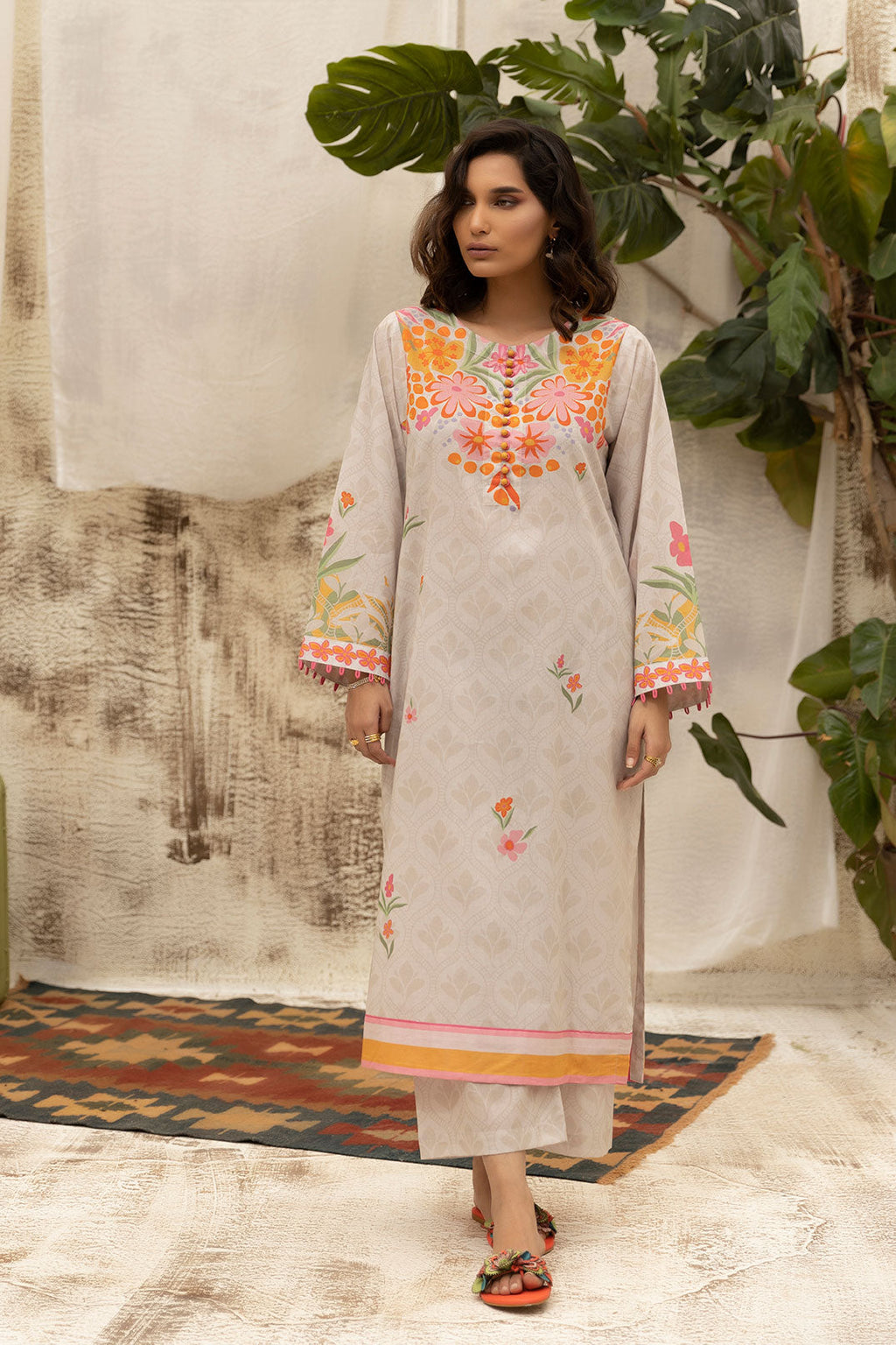 DC-2133 BEIGE LAWN 2PCS PRINTED KURTA WITH TROUSER