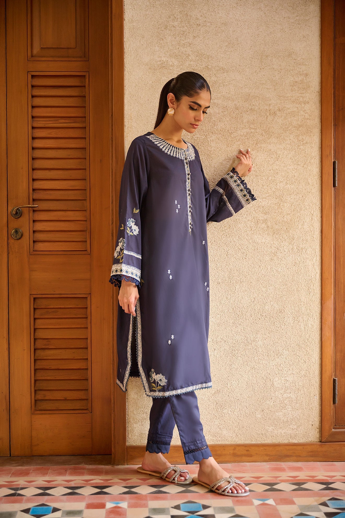 DC-2163 NAVY BLUE 2PCS  EMBROIDERED KURTA WITH TROUSER