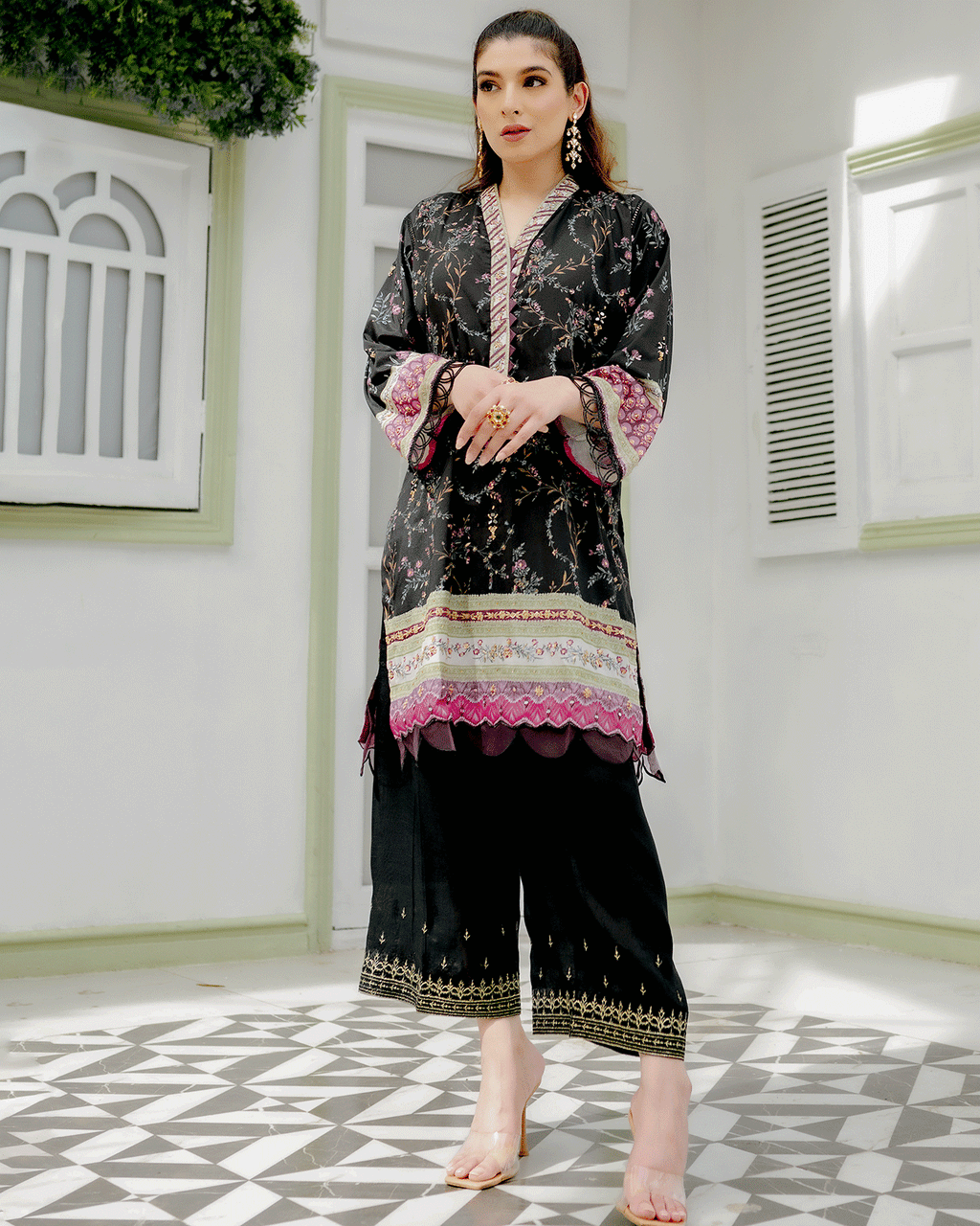 DC-2240 BLACK 2PCS HAND EMBELLISHED  SHIRT WITH TROUSER