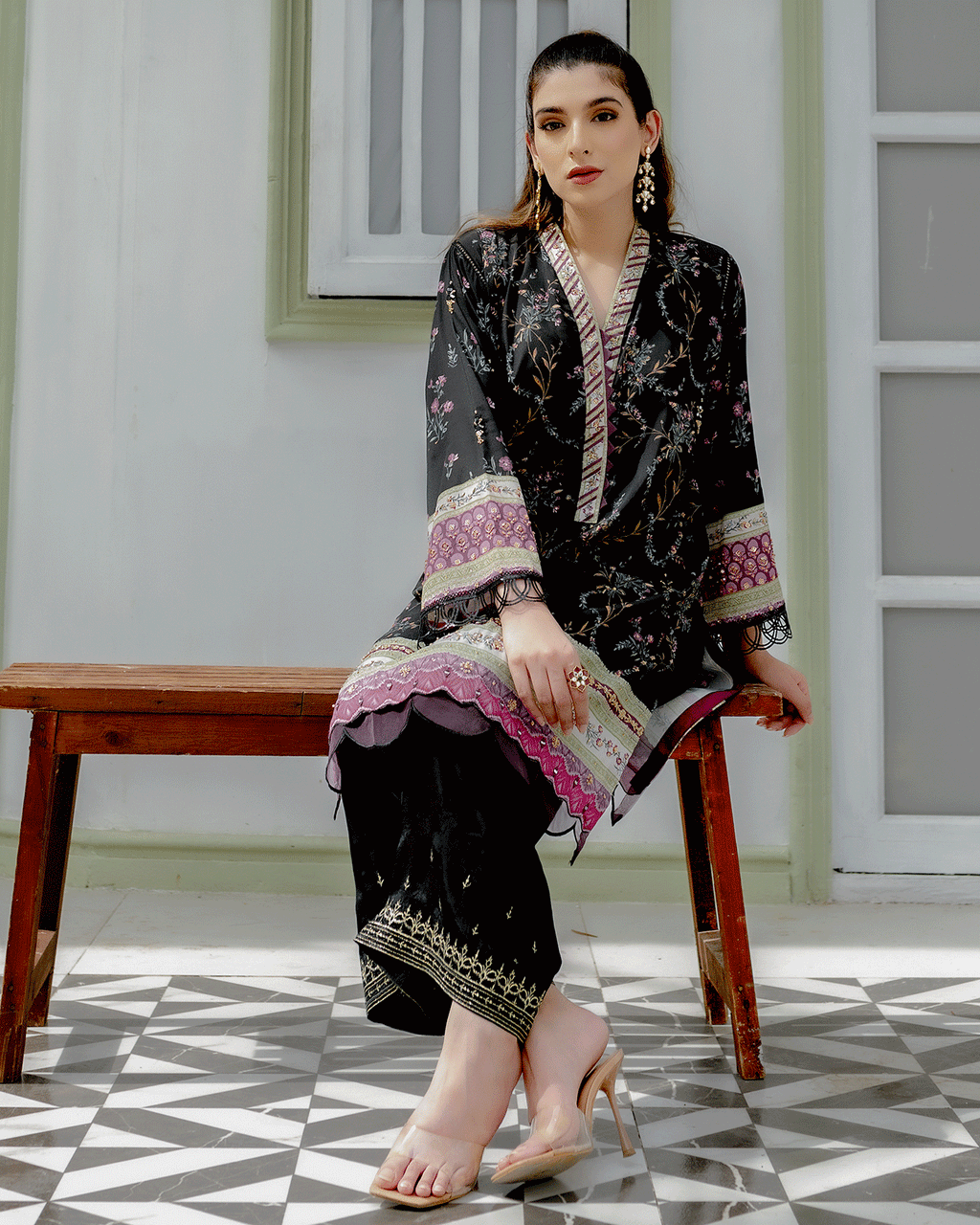 DC-2240 BLACK 2PCS HAND EMBELLISHED  SHIRT WITH TROUSER
