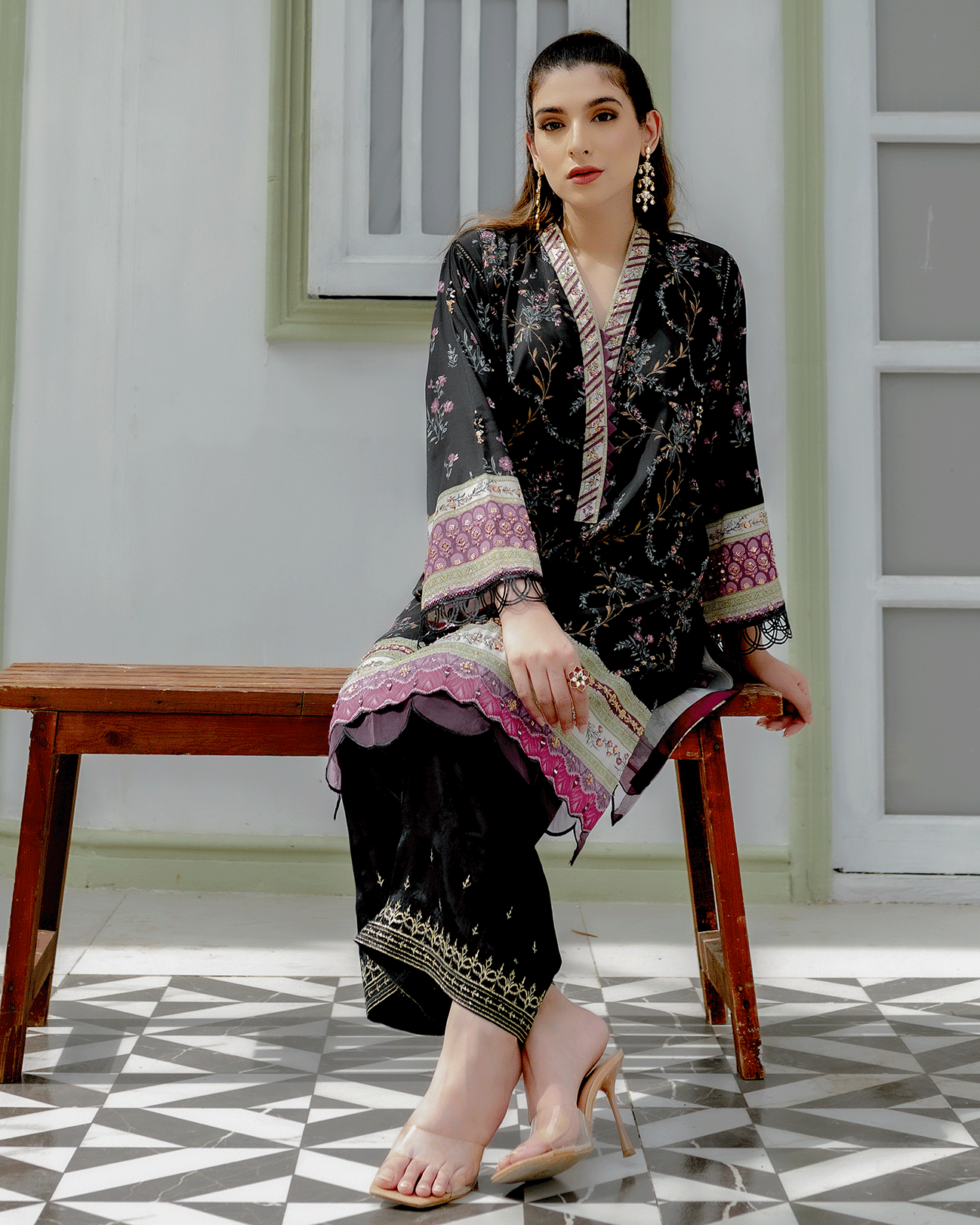 DC-2240 BLACK 2PCS HAND EMBELLISHED  SHIRT WITH TROUSER