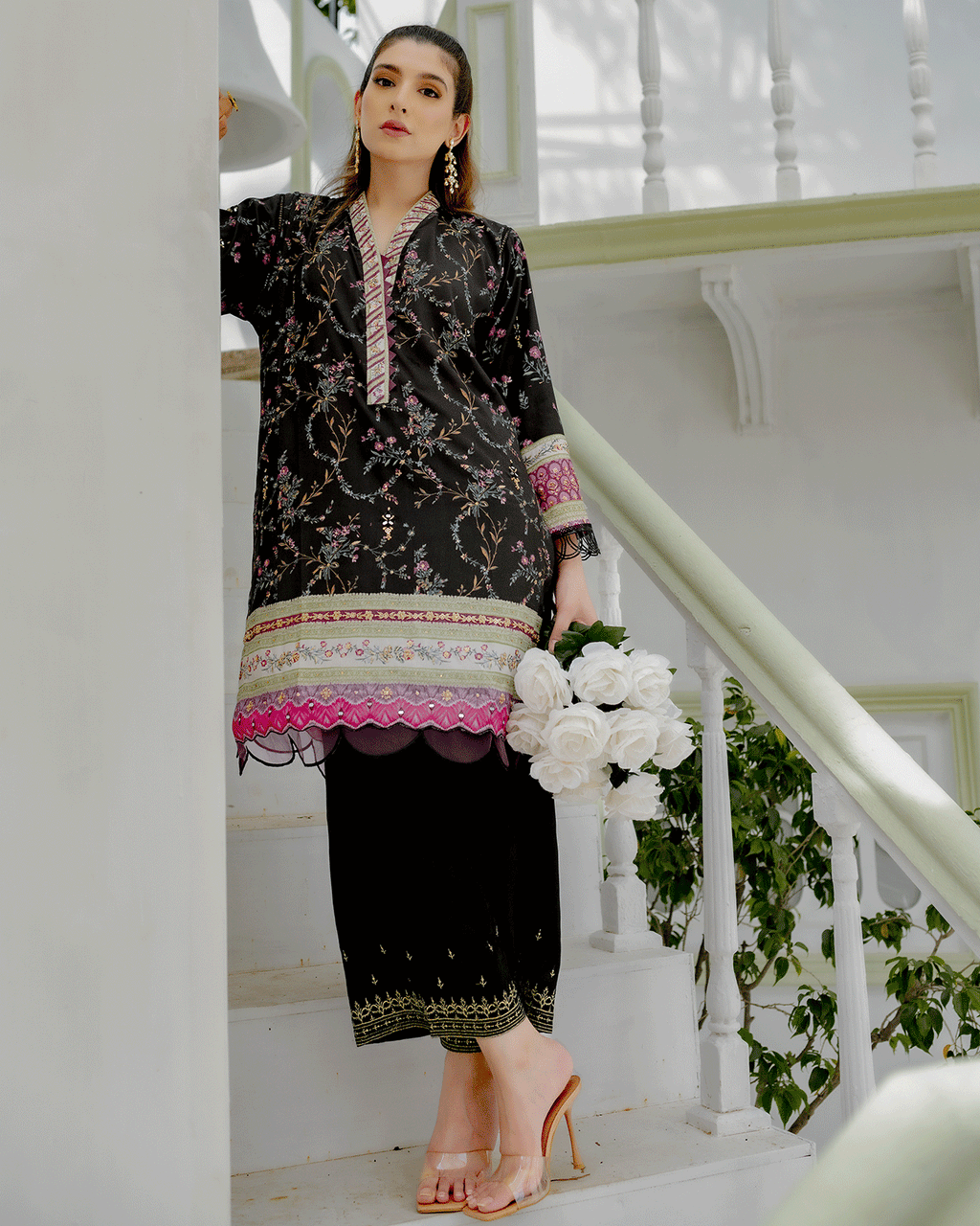 DC-2240 BLACK 2PCS HAND EMBELLISHED  SHIRT WITH TROUSER